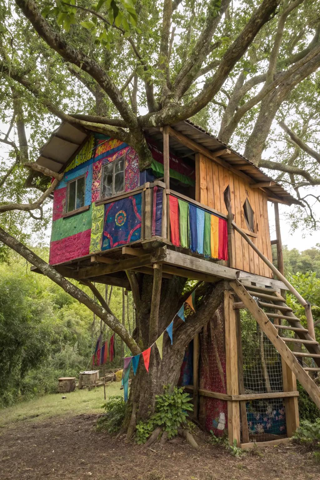 A creative tree house with a splash of color and character.
