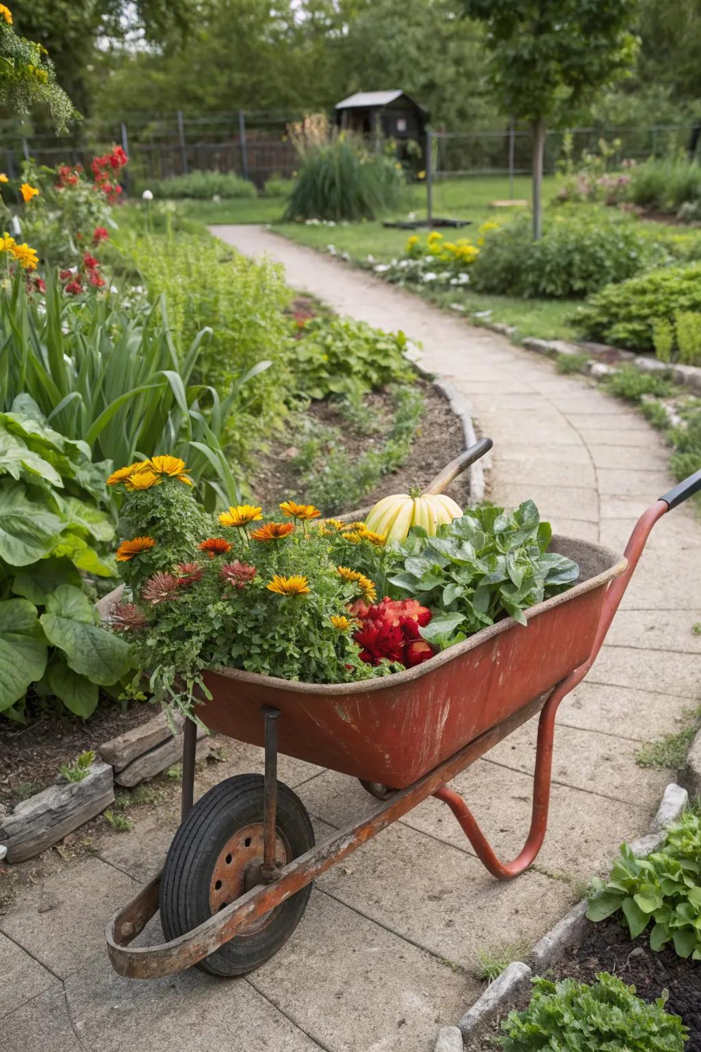 Wheelbarrow planters add character and flexibility.