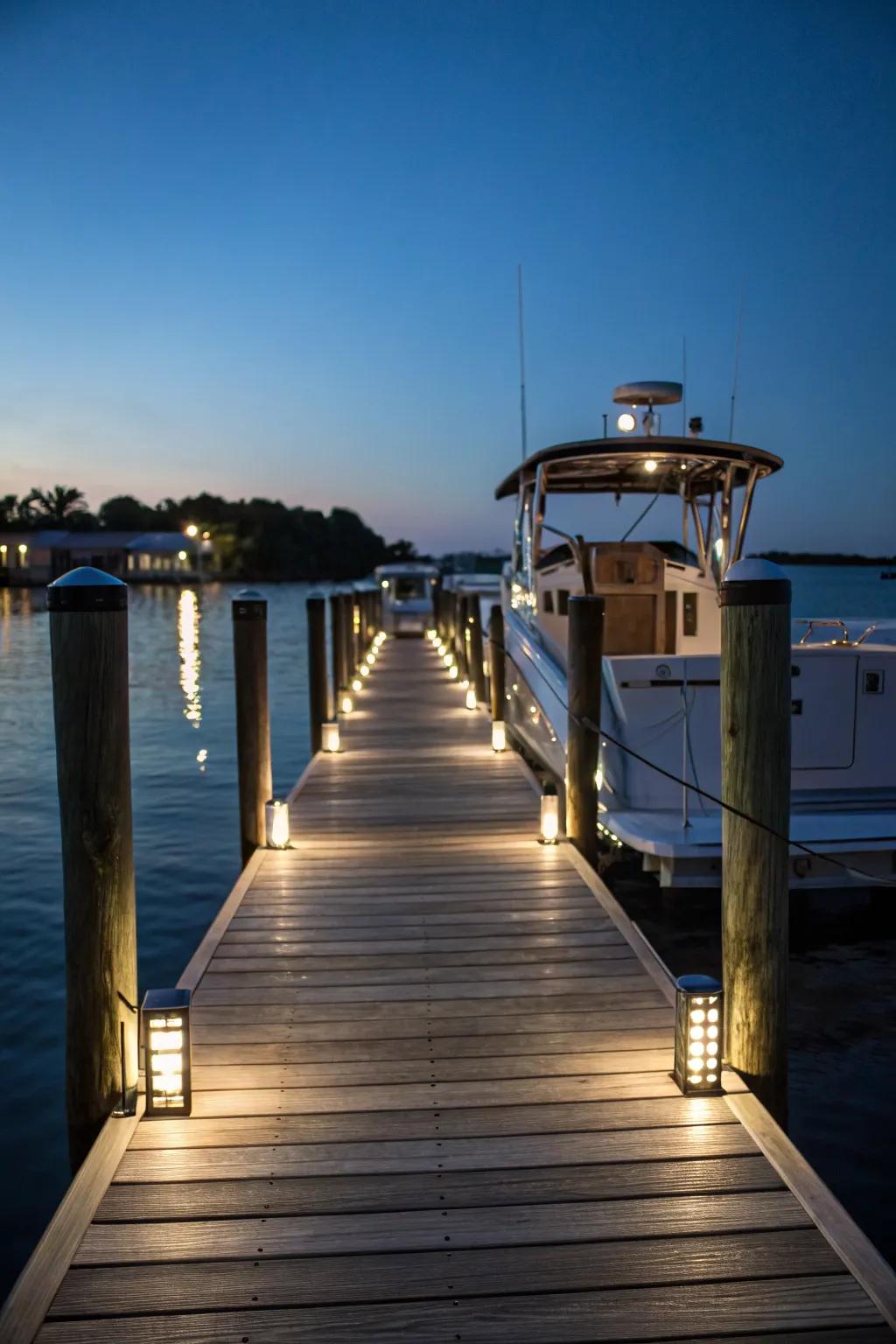 Boat docking lights ensuring safe mooring at night.