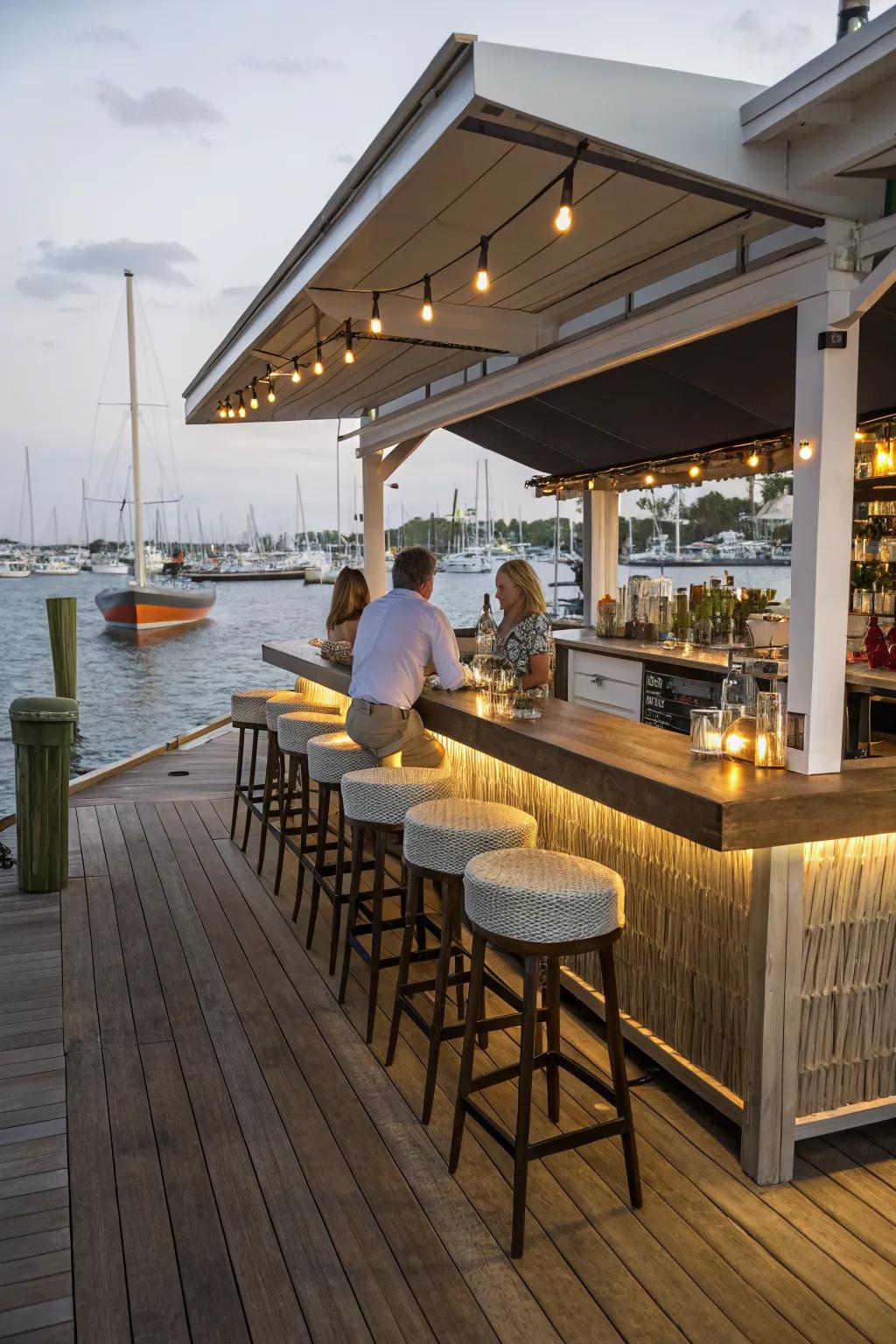 An outdoor bar creates a lively gathering spot on your dock.