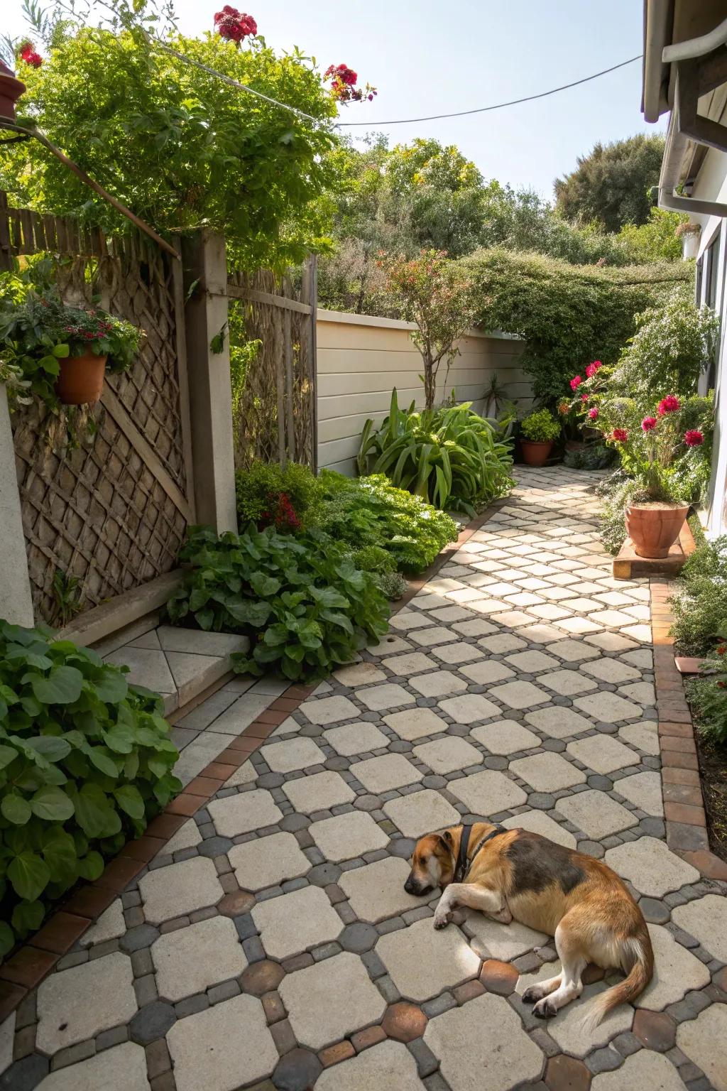 Pavers offer durability and design versatility for a dog-friendly space.