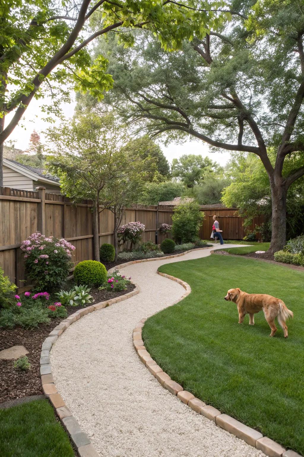 Gravel paths offer a pet-friendly and functional design element.