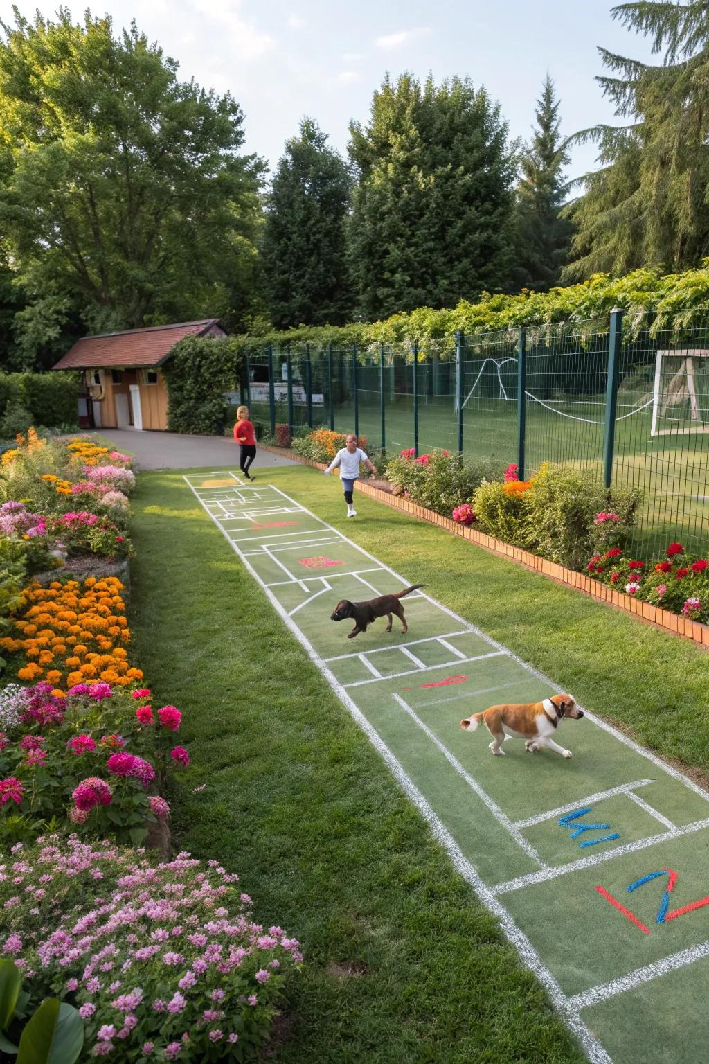 Sectional zones enhance functionality and engagement in a dog run.