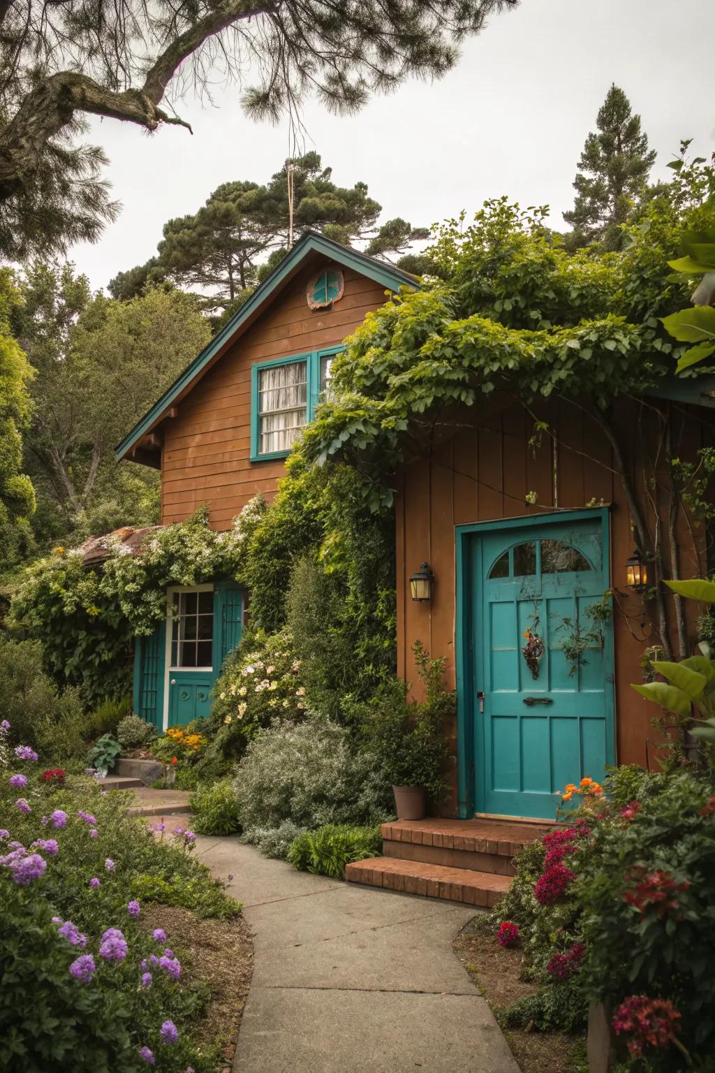 Teal doors add a lively pop of color to a brown house.