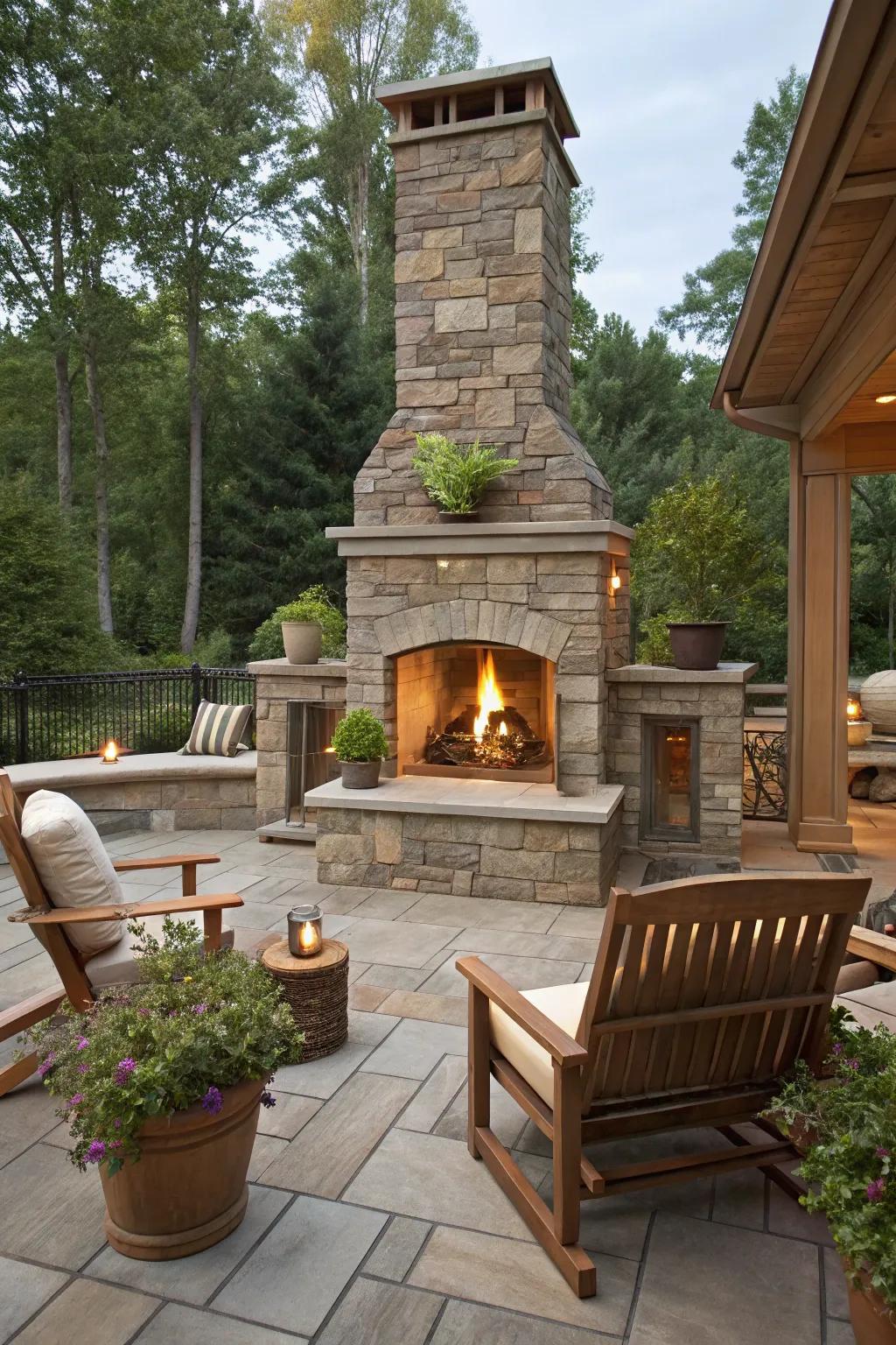 A fireplace that cleverly divides and unites outdoor spaces.