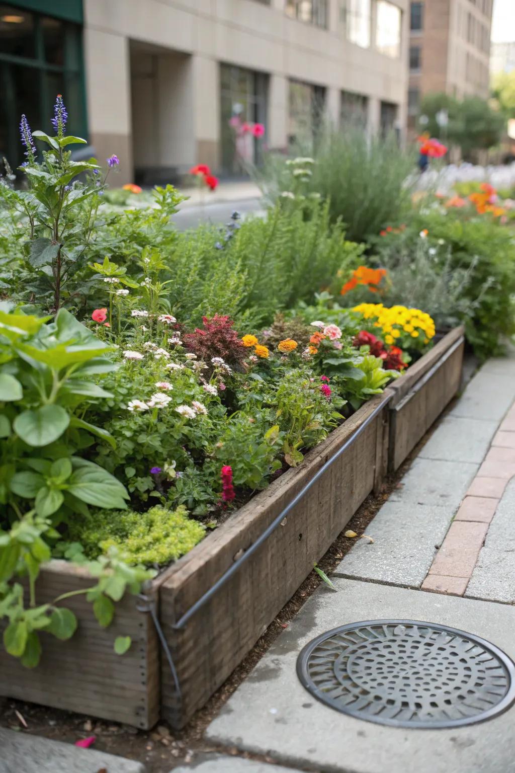 Raised garden beds marry functionality and beauty, hiding drain covers.