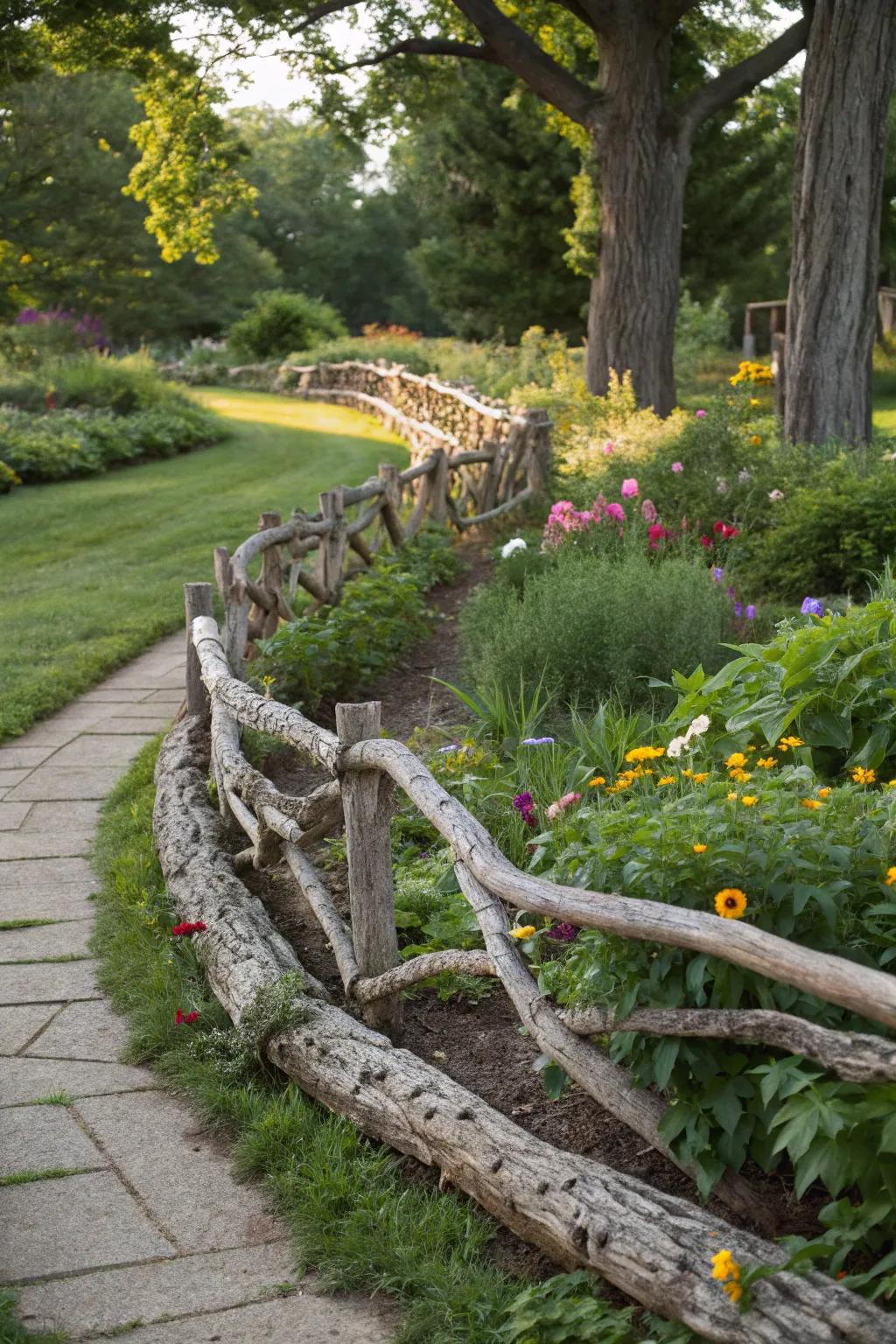 Curved driftwood fence adds flowing elegance.