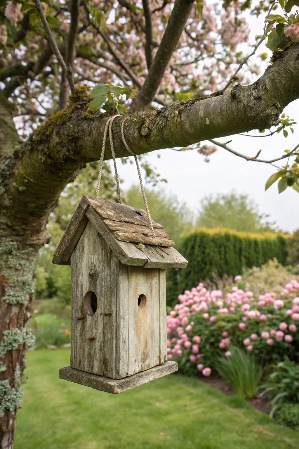 A charming driftwood birdhouse nestled in a garden.