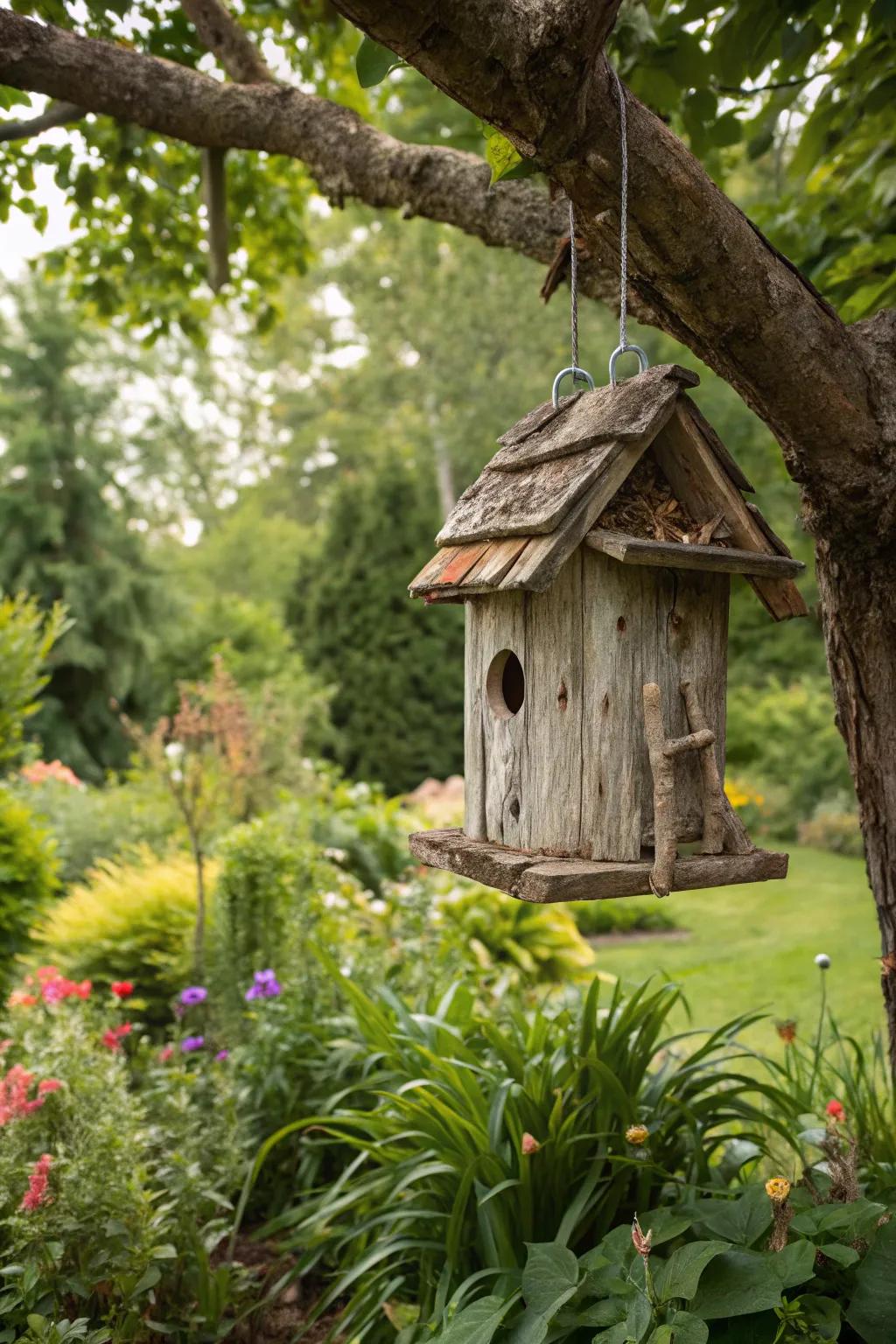 A delightful driftwood birdhouse nestled in a garden.