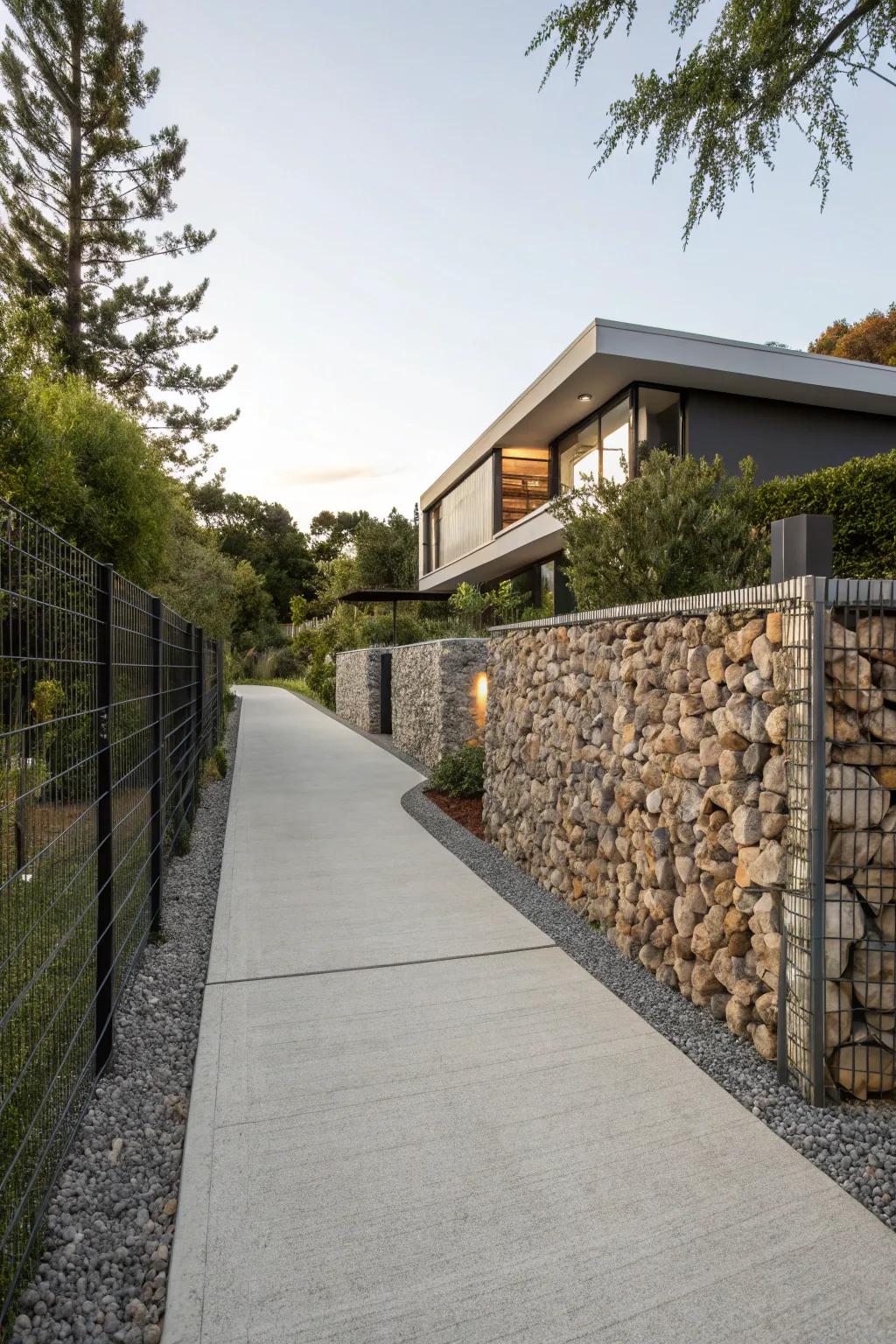 Gabion walls offer a unique and sturdy driveway barrier option.