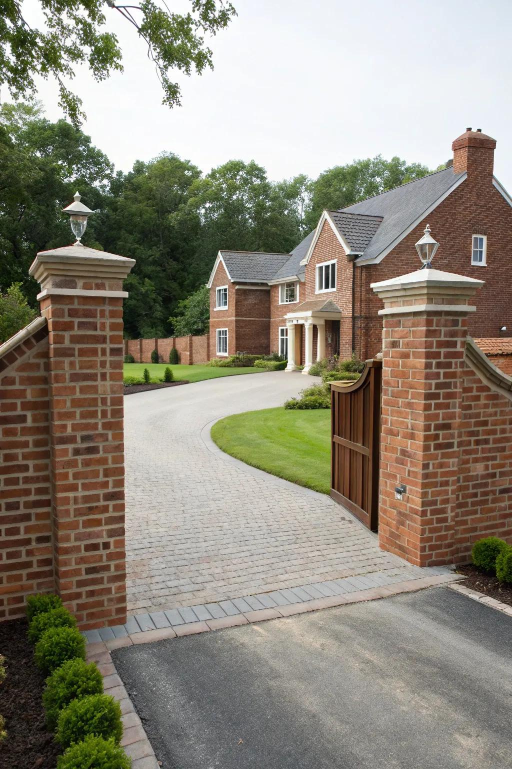 Symmetrical brick walls enhance the architectural harmony of this driveway.