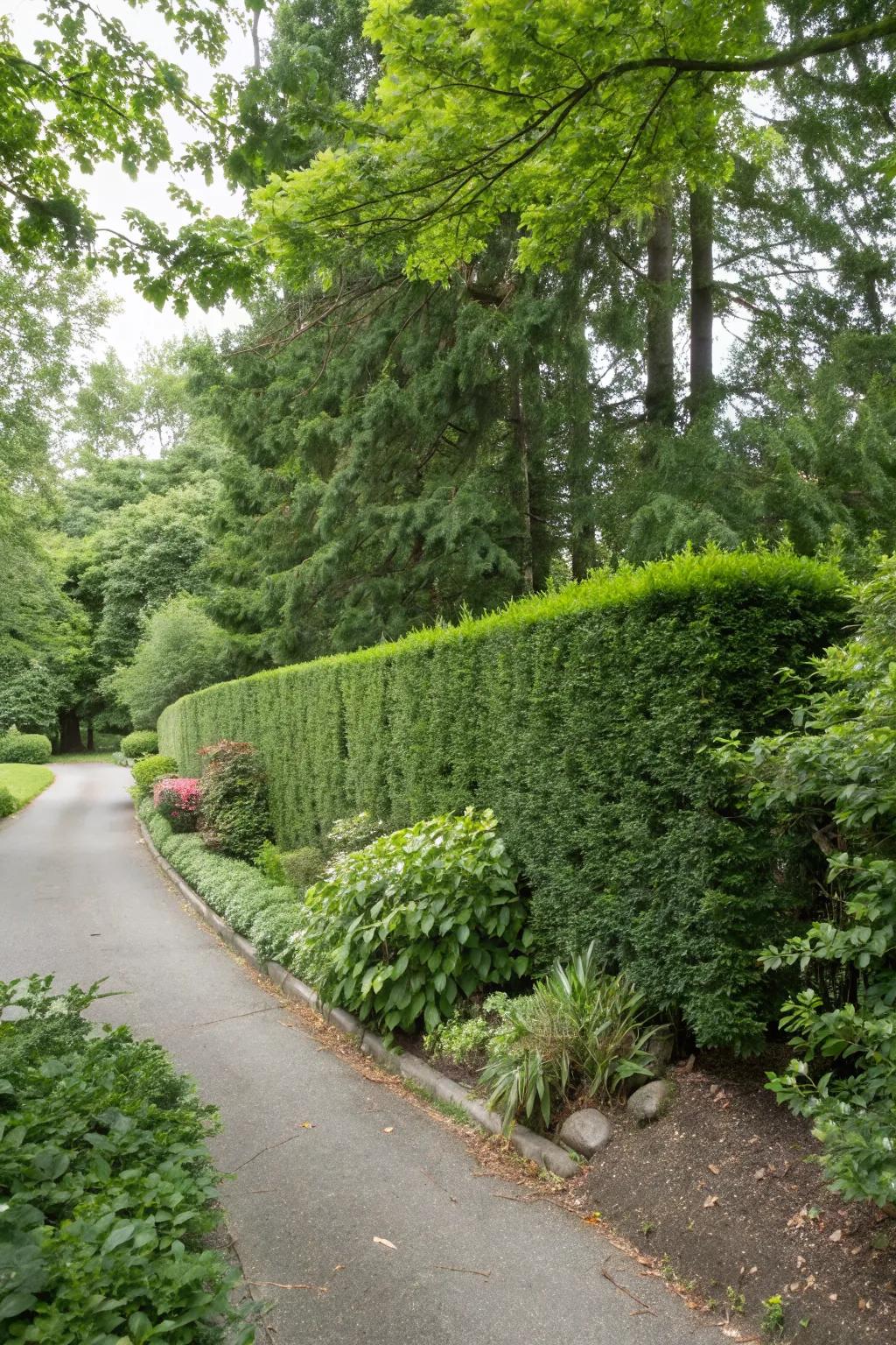 A hedge fence offers an eco-friendly blend with nature.