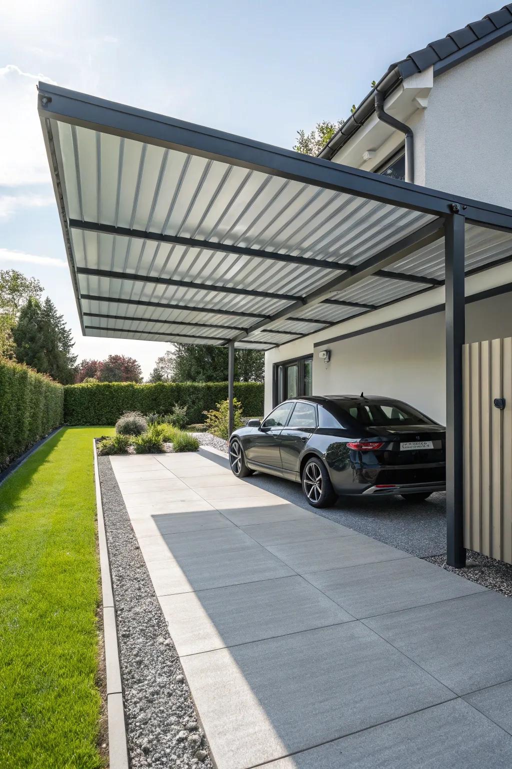 Metal panels provide a durable and contemporary solution for driveway coverage.