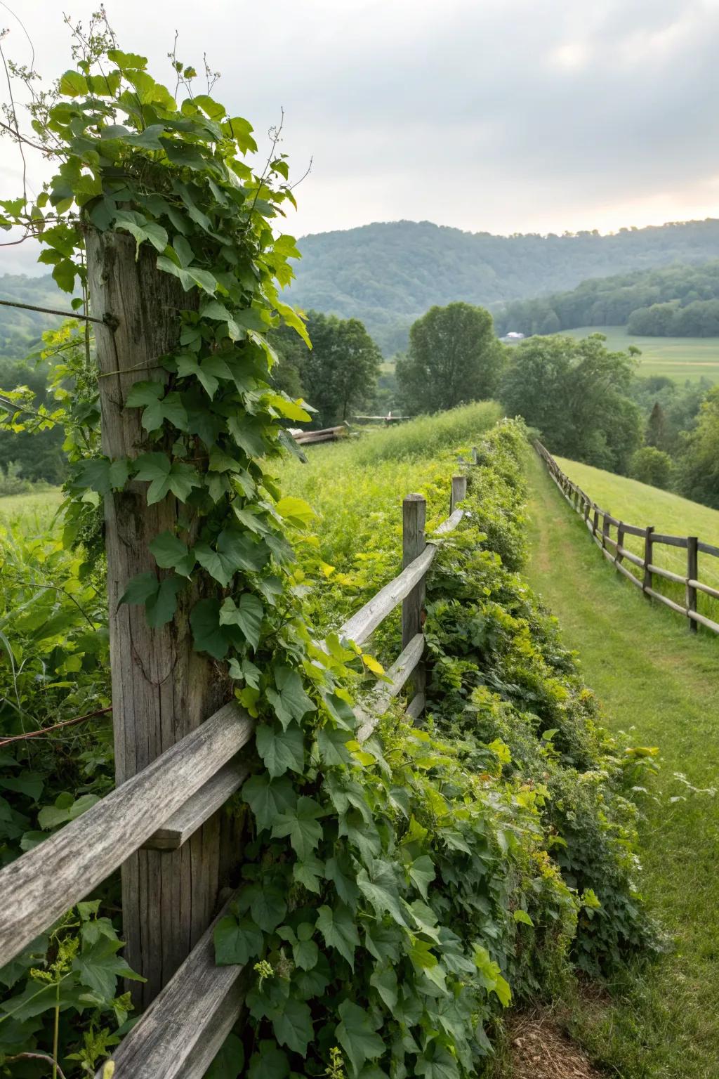 Climbing plants creating a living wall on a split rail fence.