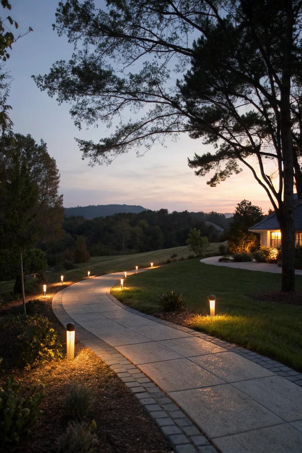 A beautifully lit driveway welcoming you home