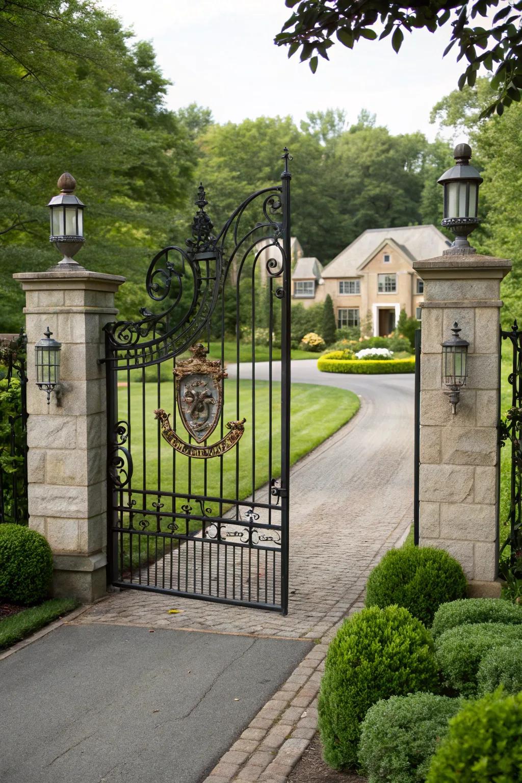 Personalized gate design features a unique family crest.