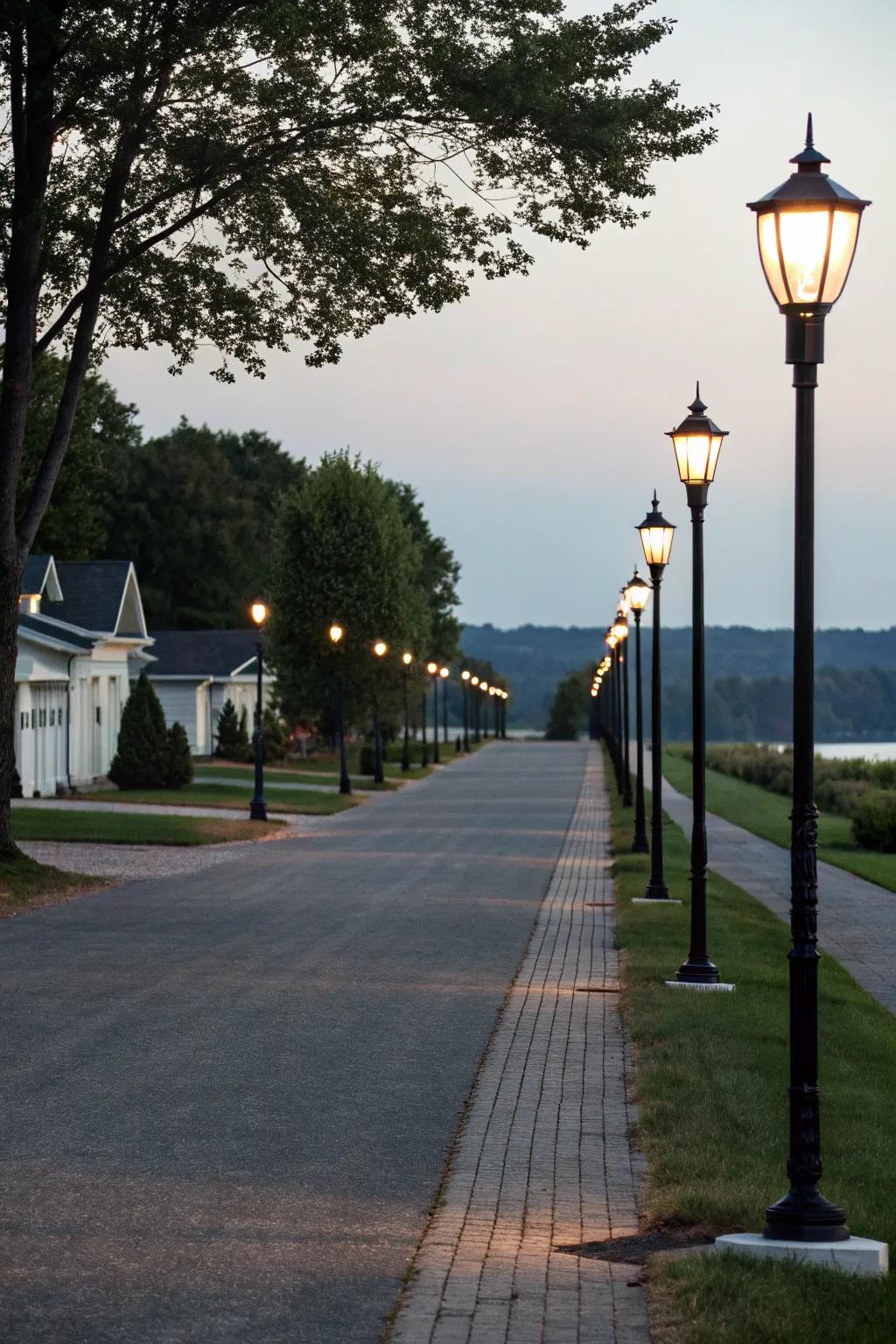 Varying lamp post heights create visual interest.