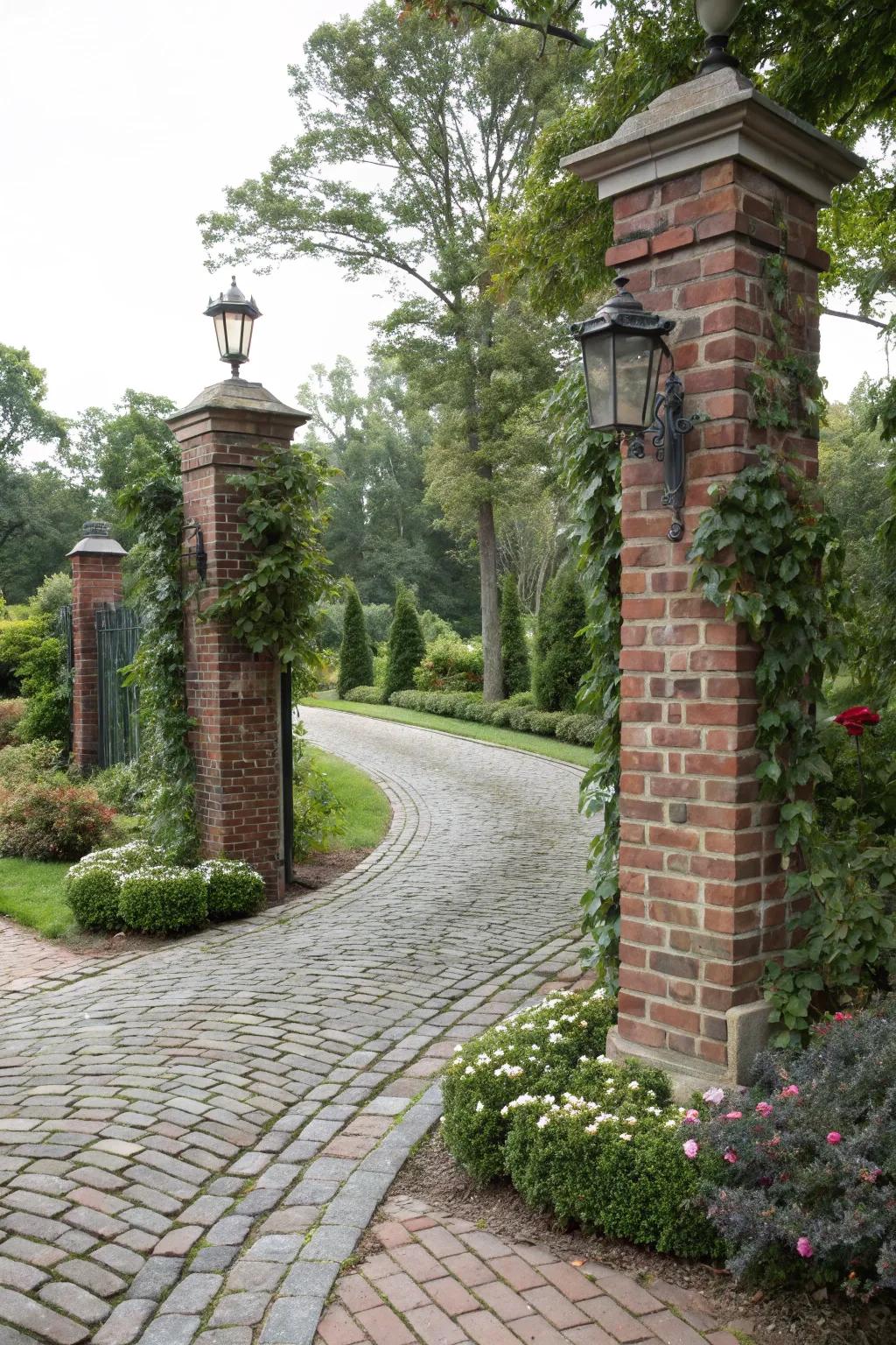 Brick pillars bring a timeless charm to any driveway.