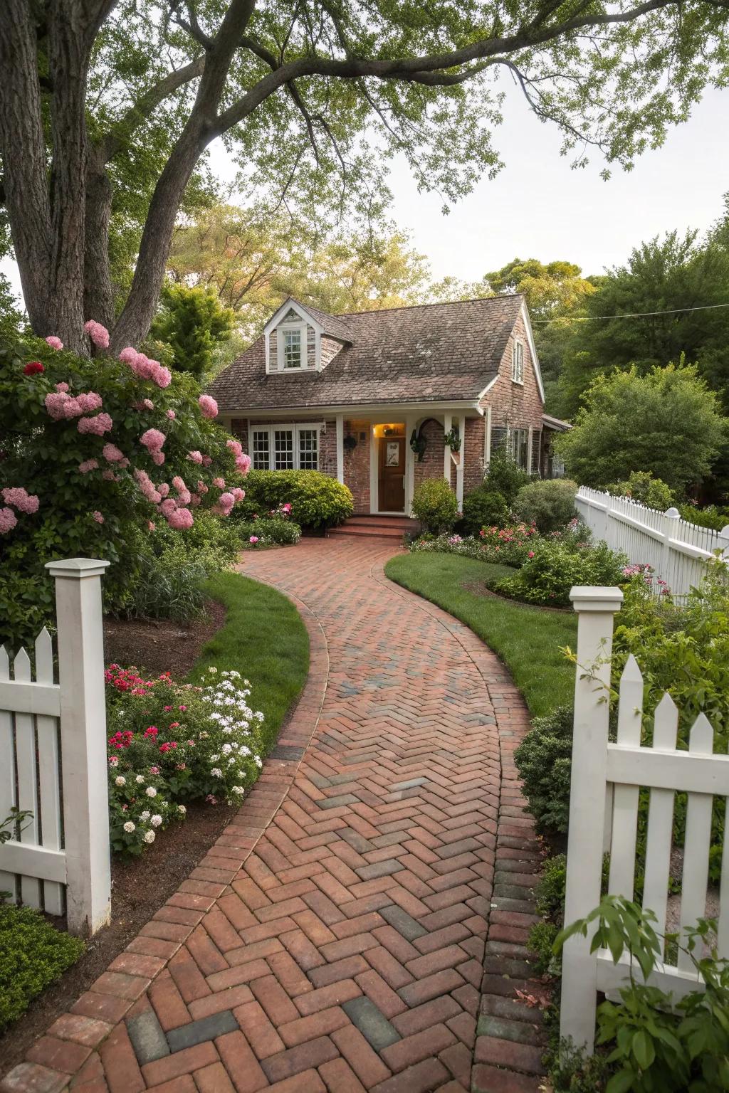 A herringbone brick driveway adds charm and warmth to any entryway.