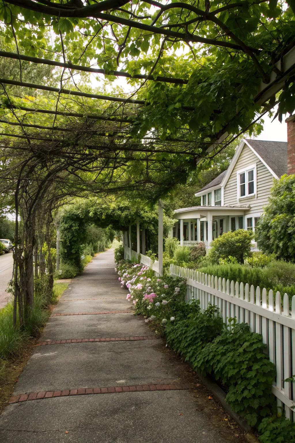 Enchanting vine-covered driveways for natural shade.