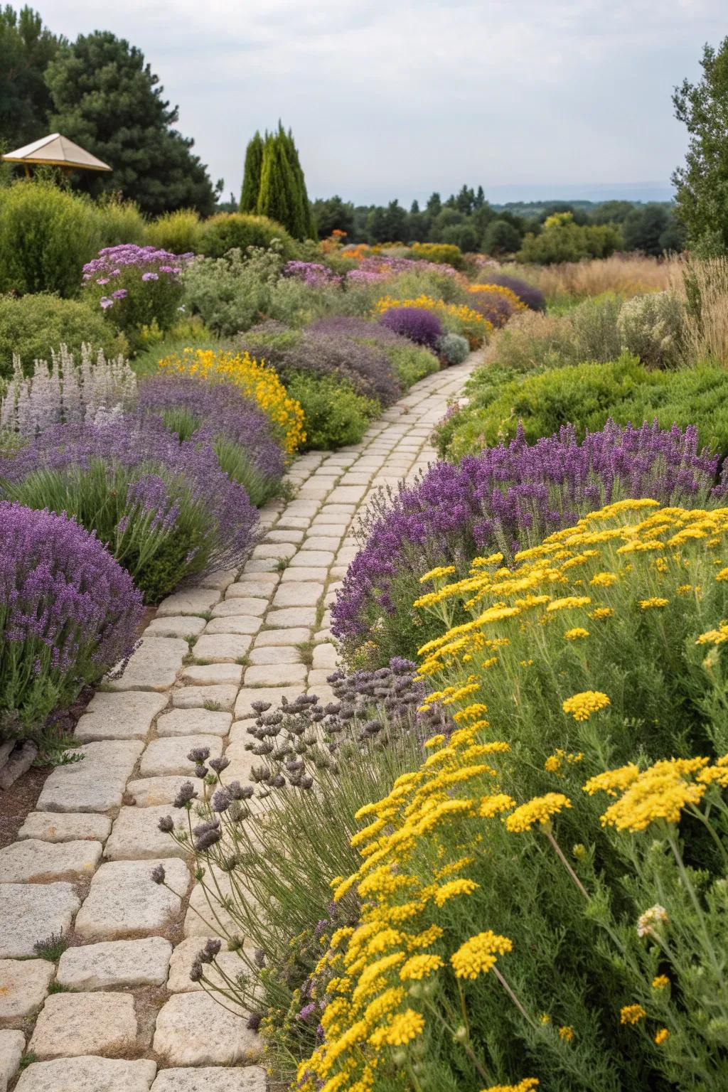 Colorful perennials adding vibrancy to a dry garden.