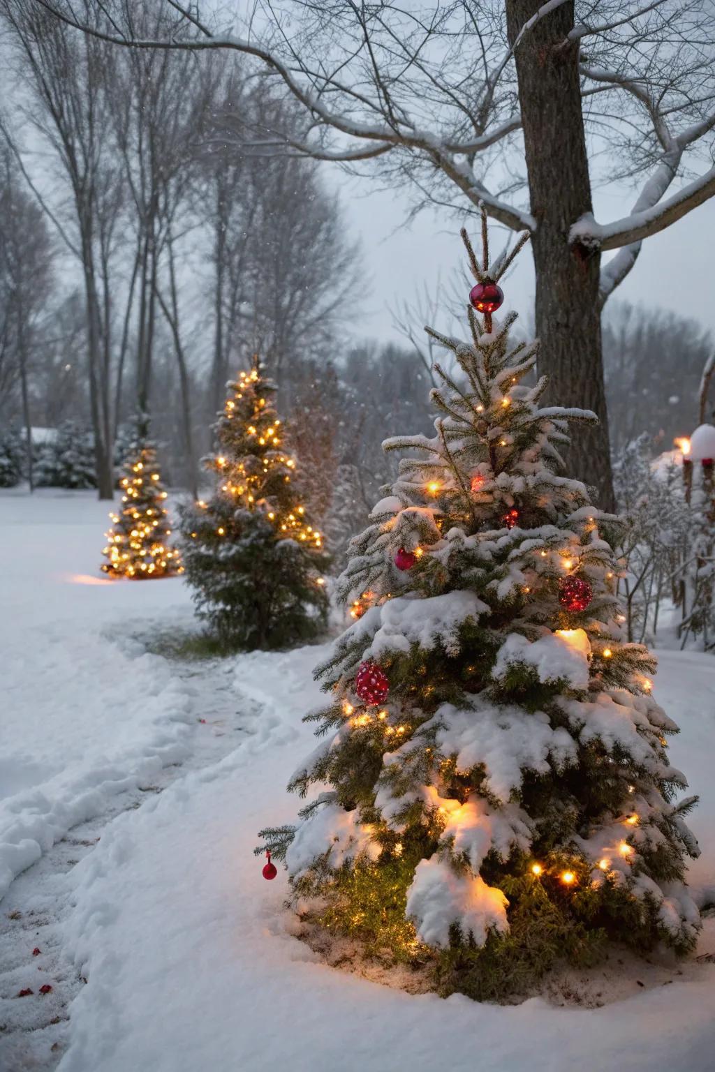 Festively decorated dwarf Alberta spruce trees for the holidays.