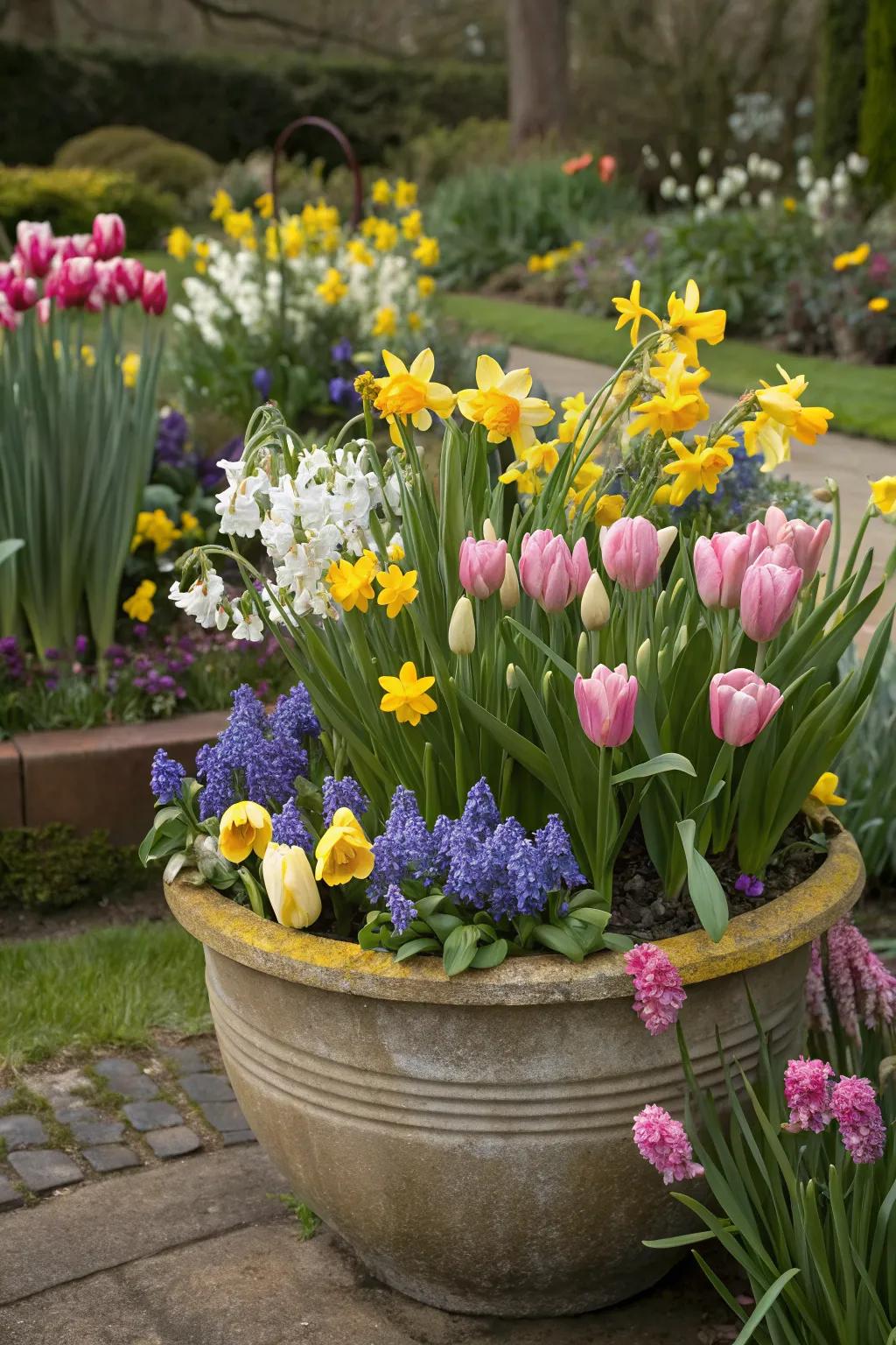 A bonanza of spring bulbs creating a colorful and dynamic display.