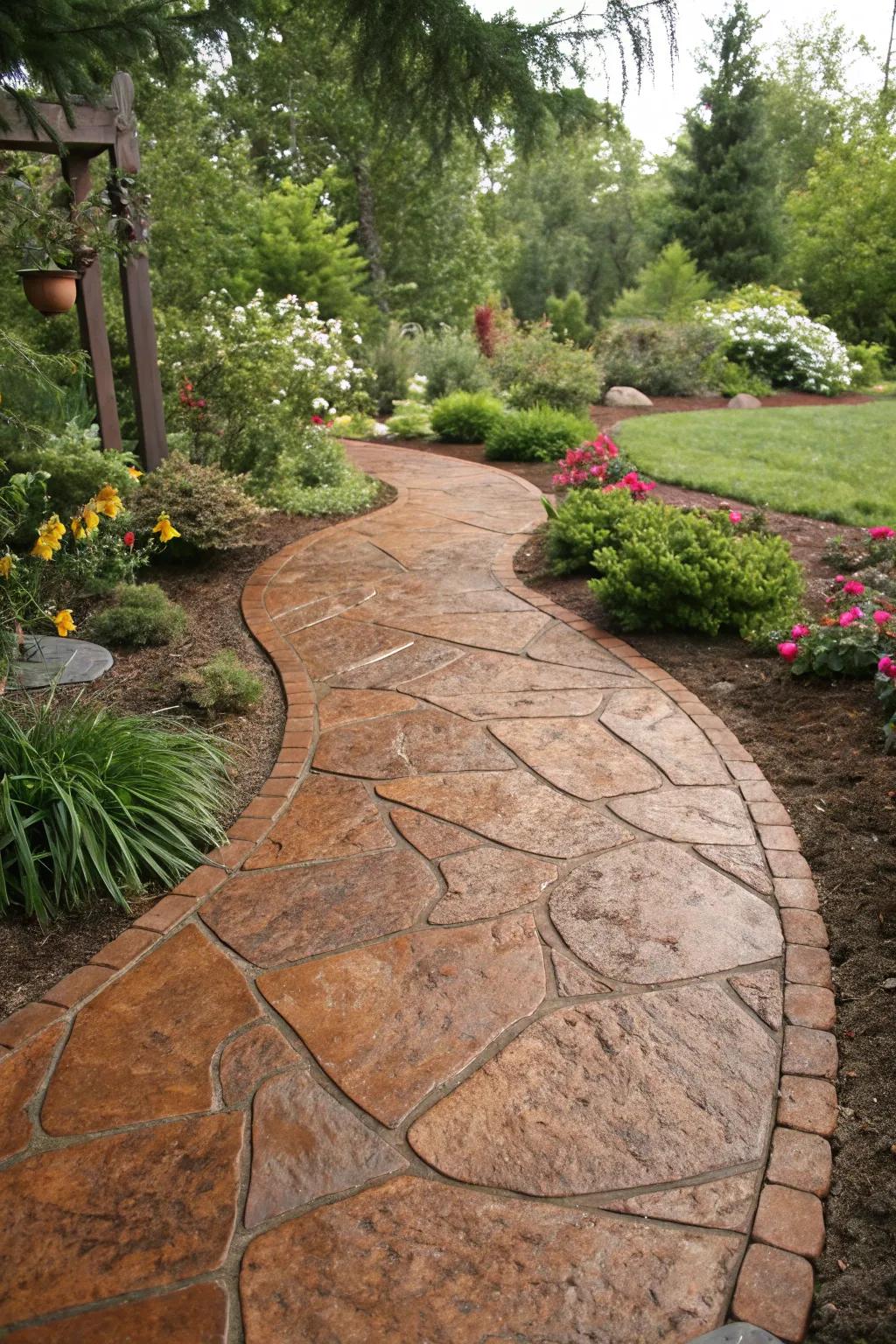 A dramatic garden path featuring burnt sienna flagstone texture stamped concrete.