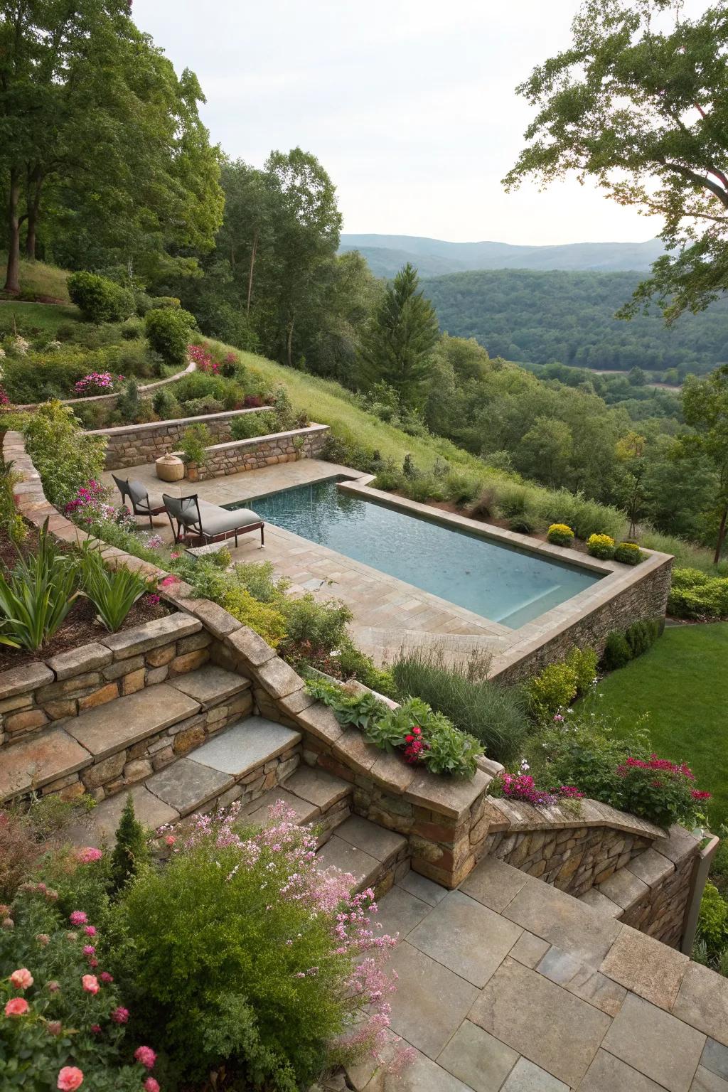 Terracing seamlessly blends your pool into a sloped yard.