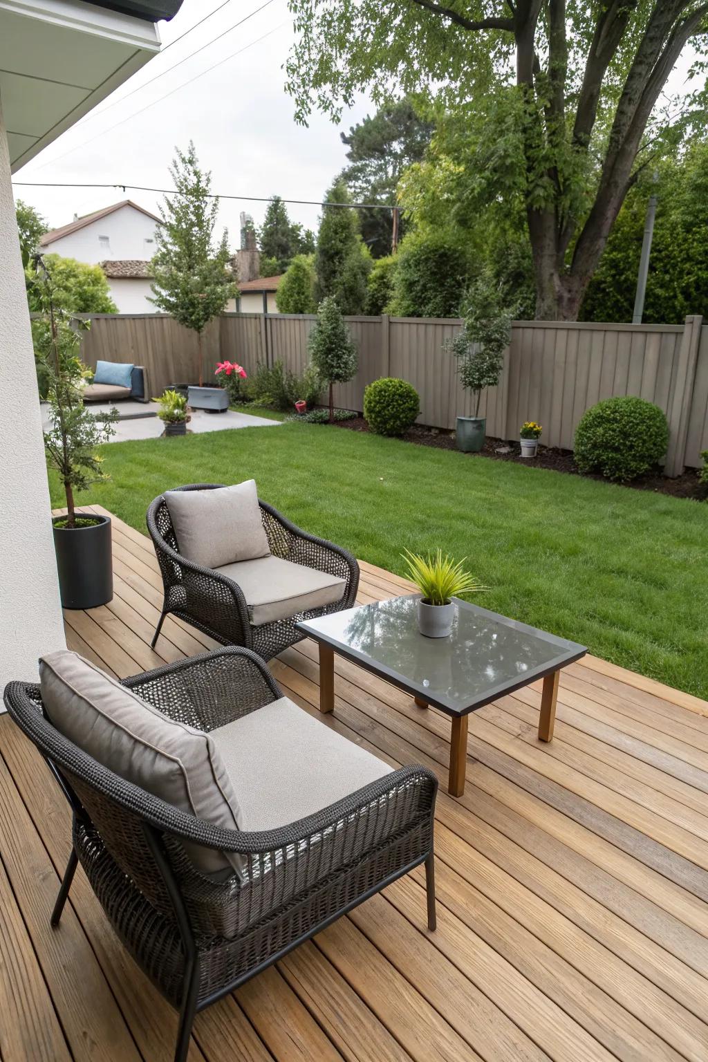 Wooden decking adds a polished touch to patios.