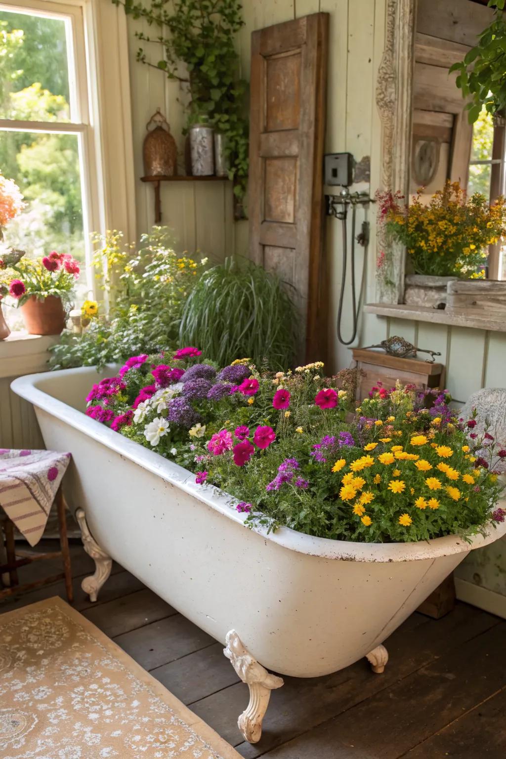 A vintage bathtub makes a unique garden statement.