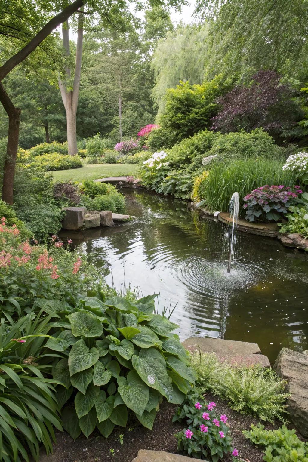A tranquil water feature becomes the heart of this peaceful garden.