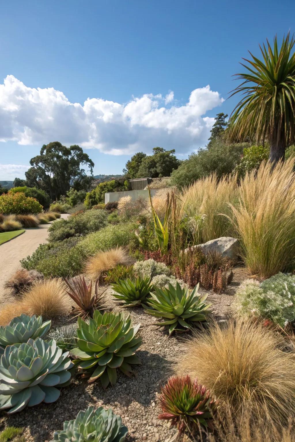 Drought-resistant plants flourish with little water.