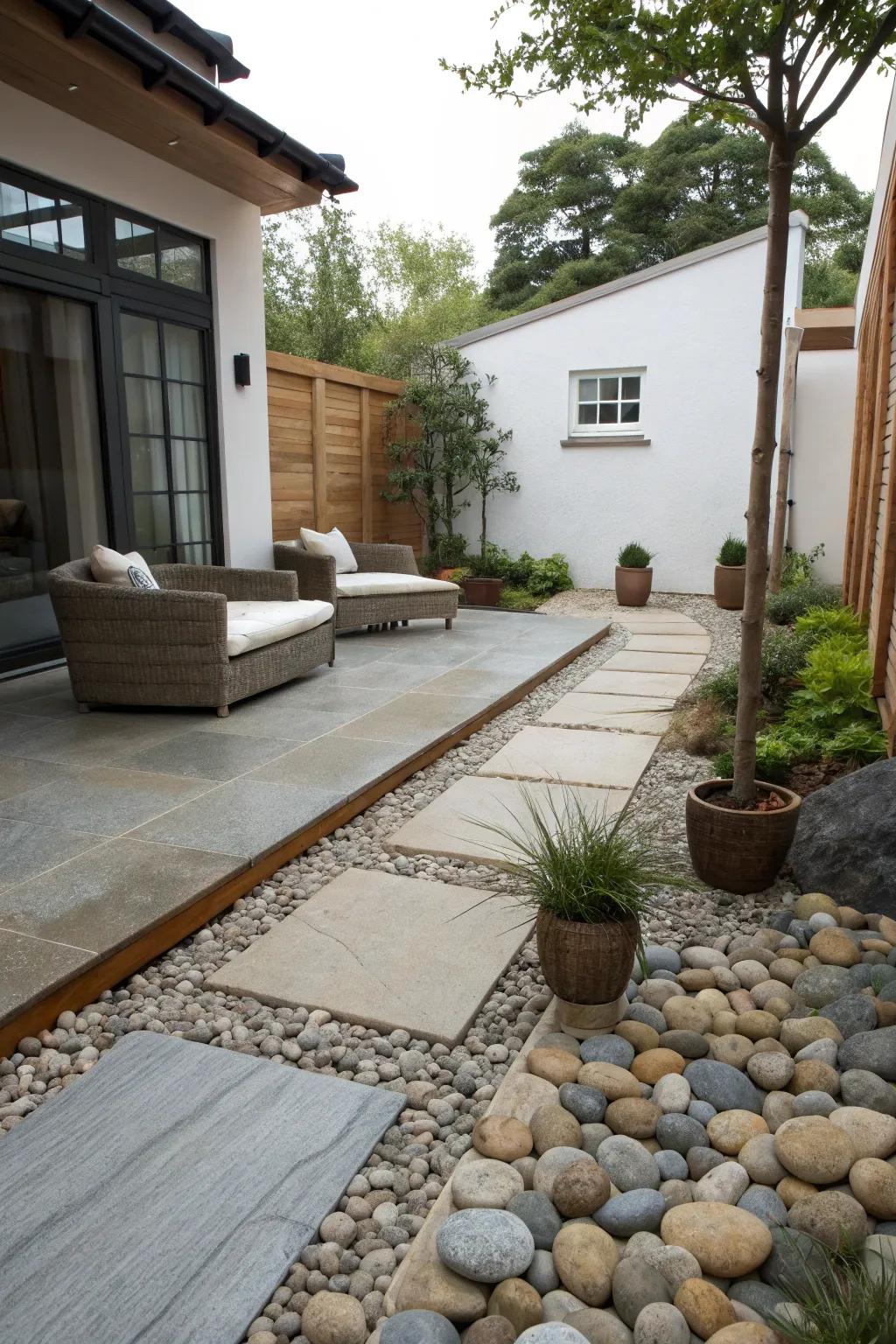 A serene patio bordered with smooth pebbles, enhancing its tranquil ambiance.