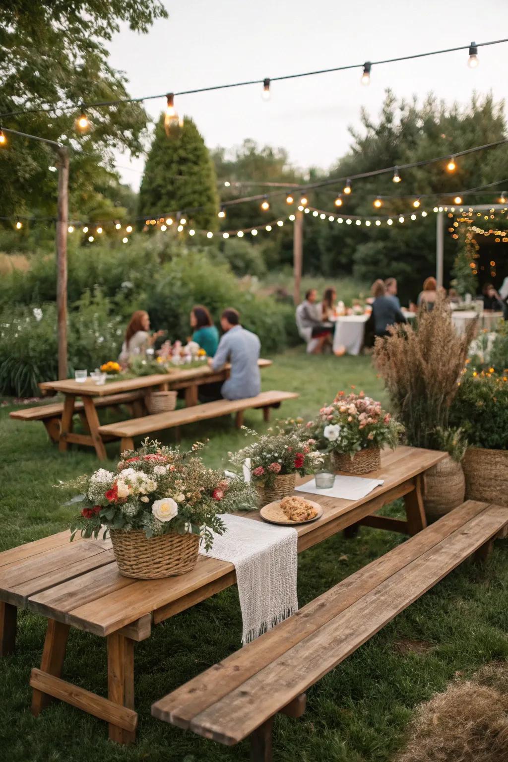 Rustic touches add warmth to the garden party atmosphere.