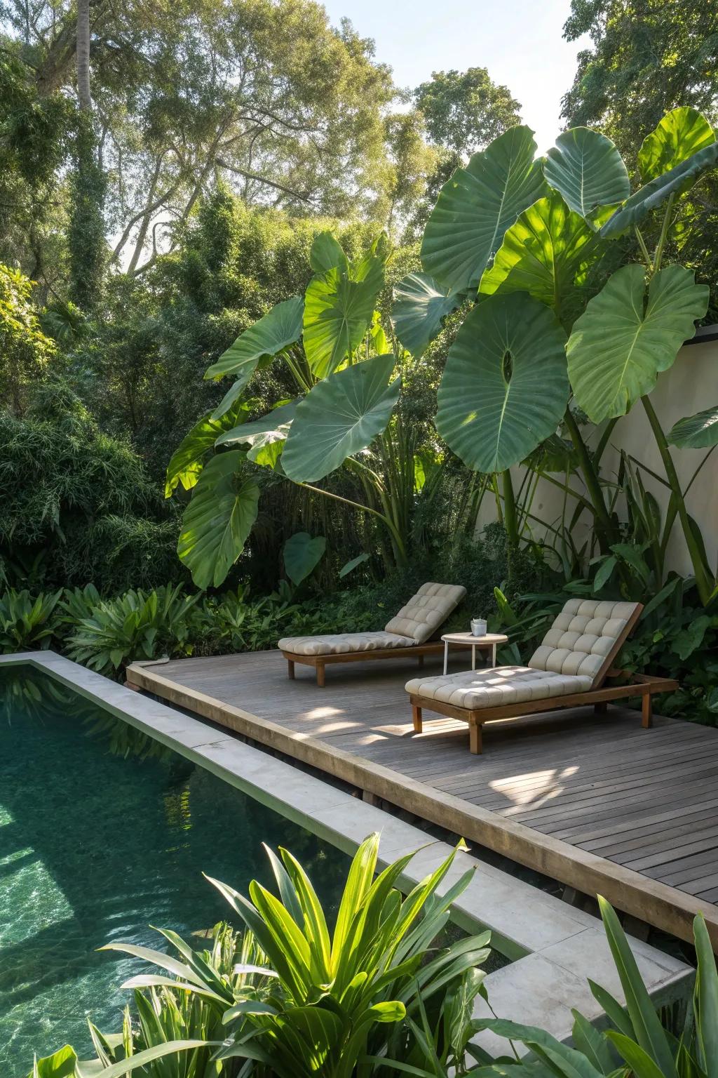 Create a serene poolside escape with tropical elephant ears.