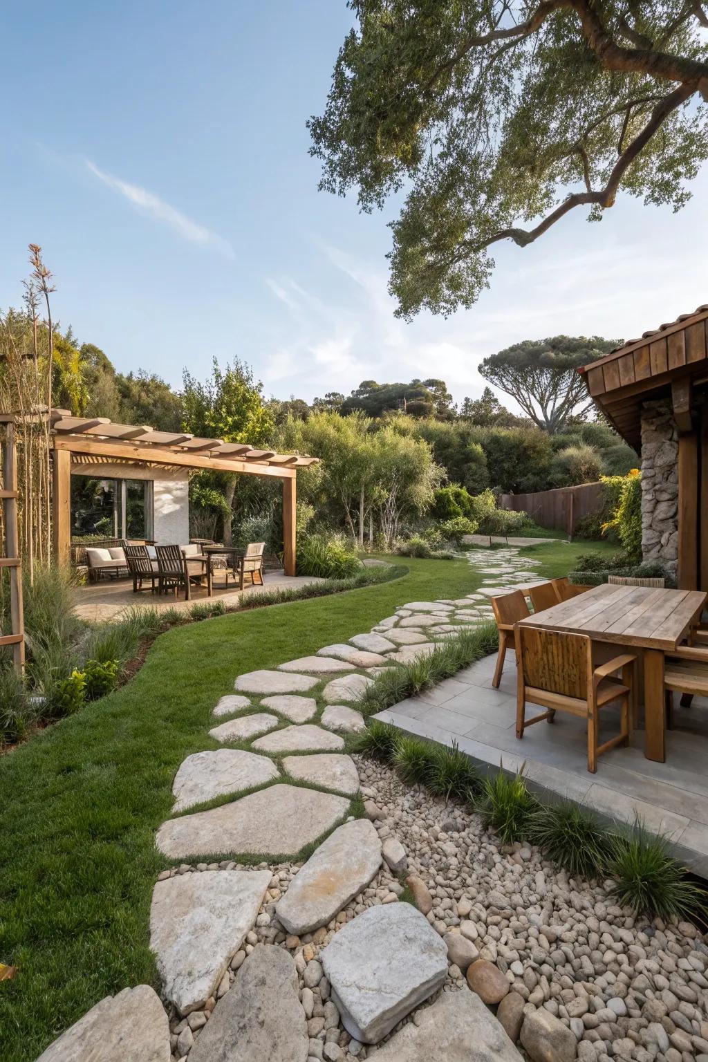 Rustic natural elements in the backyard, adding charm and earthiness.