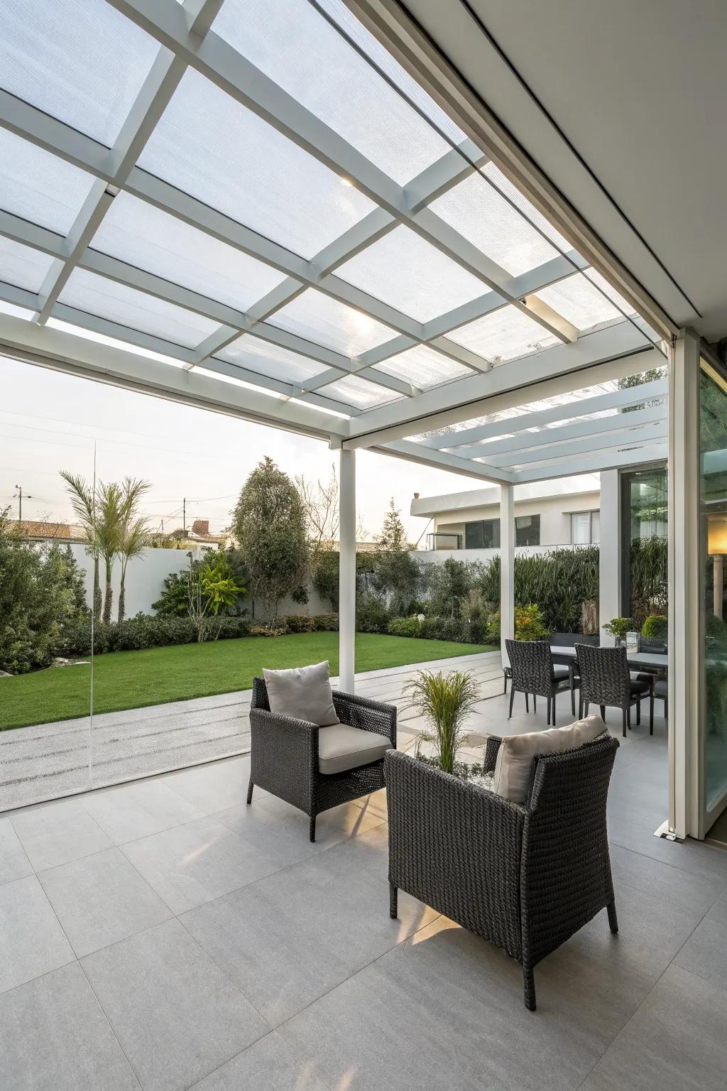Keep it sleek and stylish with a modern clear panel patio.