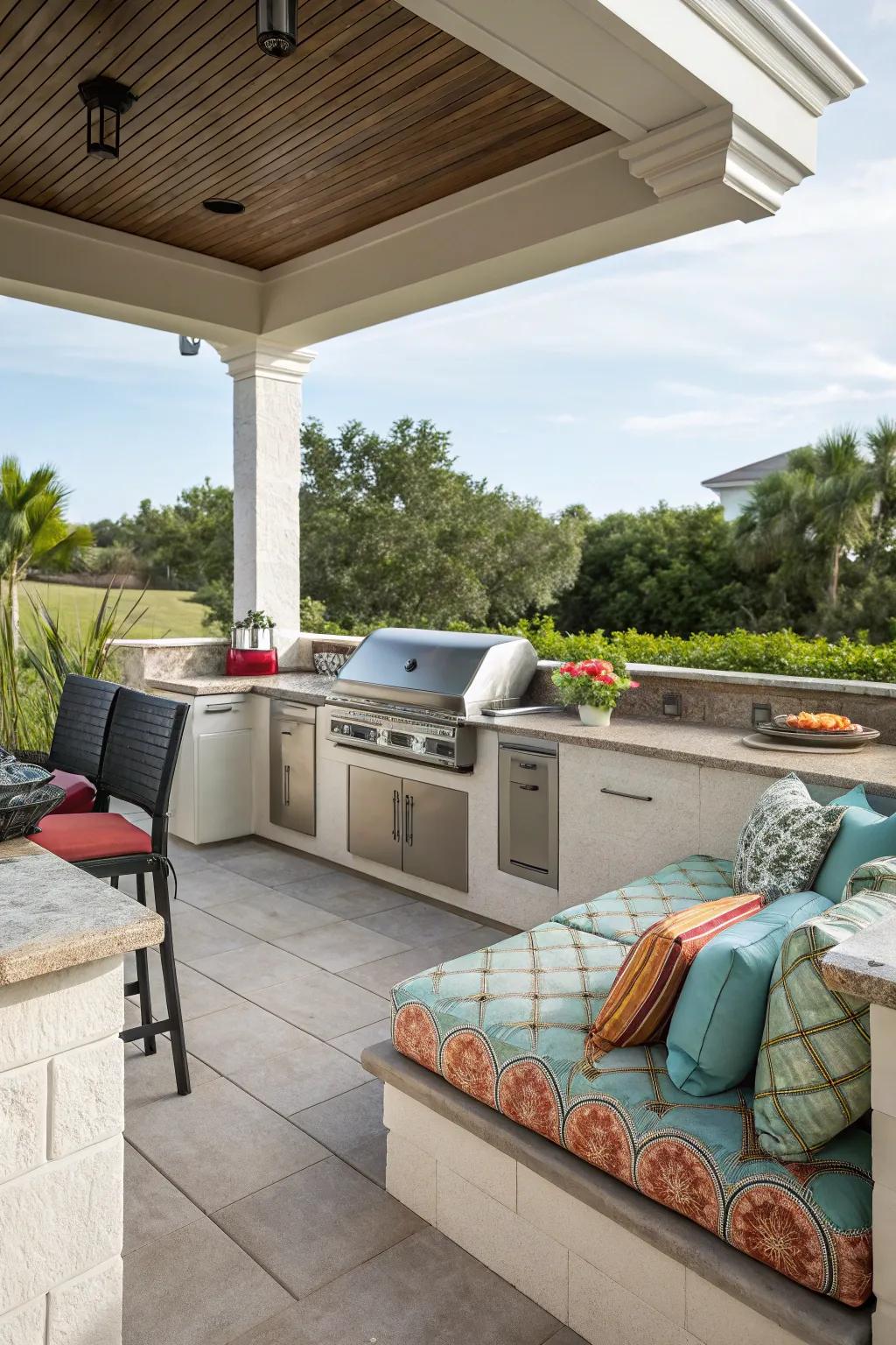 Built-in seating adds comfort and style to this outdoor kitchen.