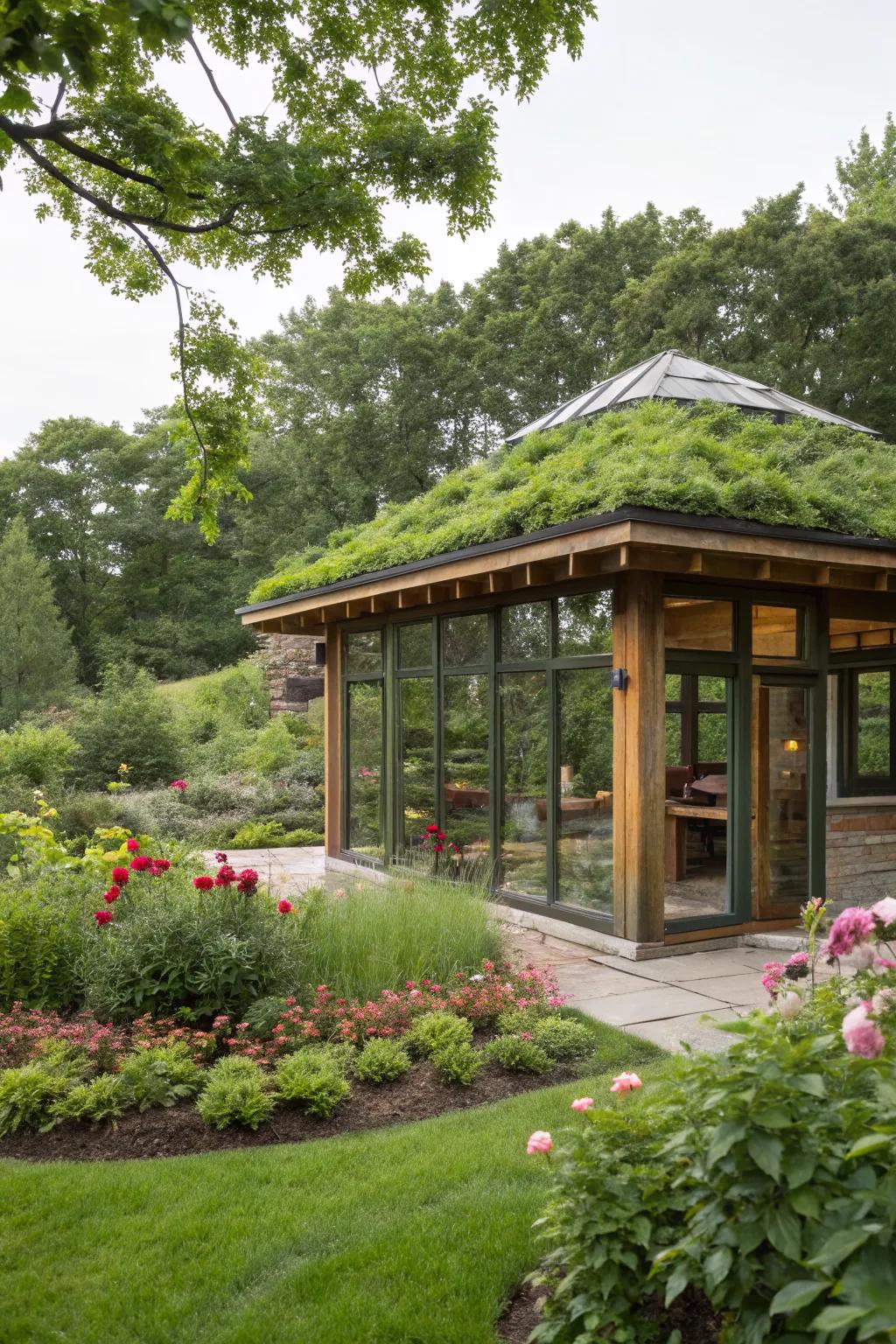 An eco-friendly pavilion with a beautiful living roof.