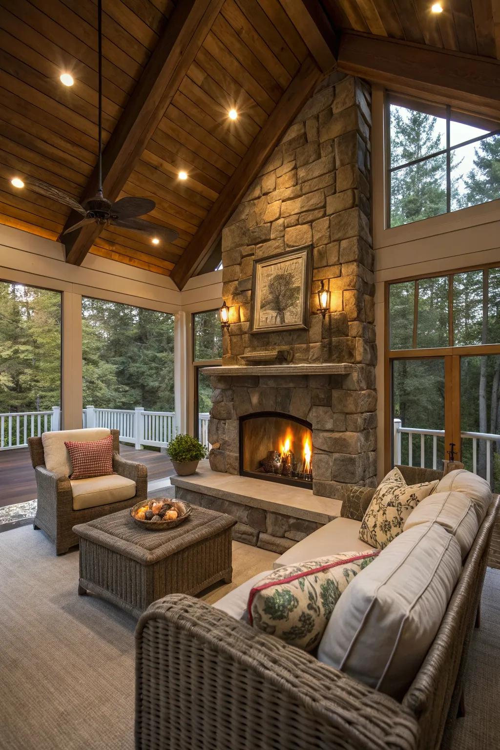 A fireplace brings warmth and rustic charm.