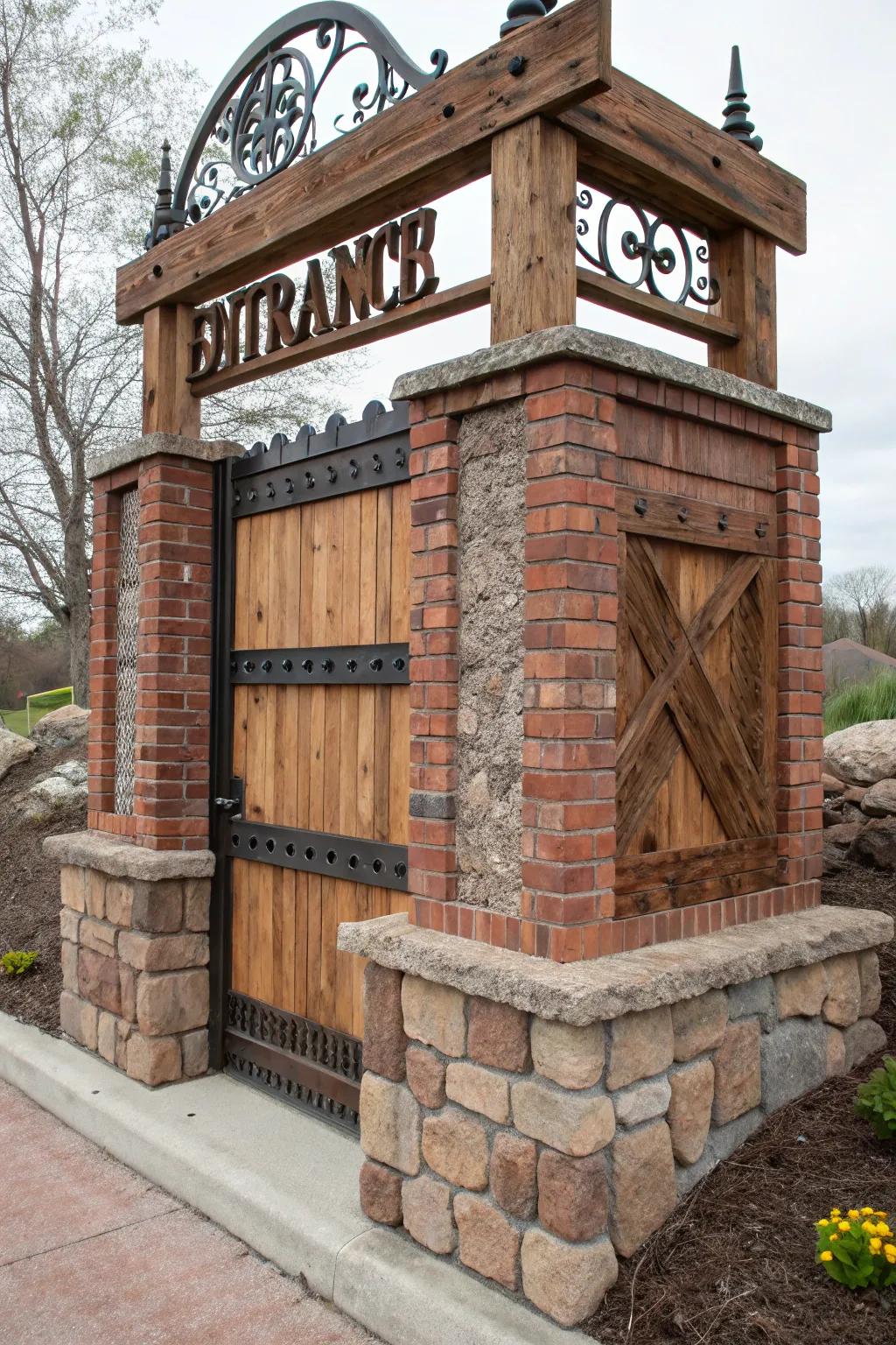 Entrance sign showcasing a unique mix of materials for added interest.