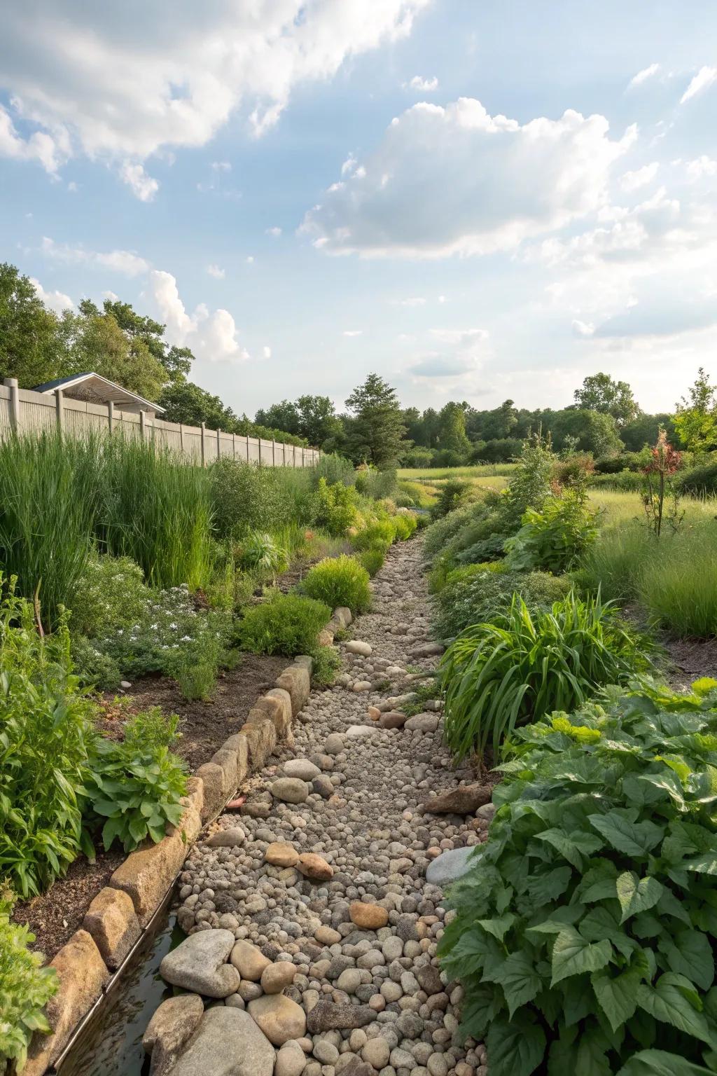 A dry riverbed garden feature managing stormwater effectively.