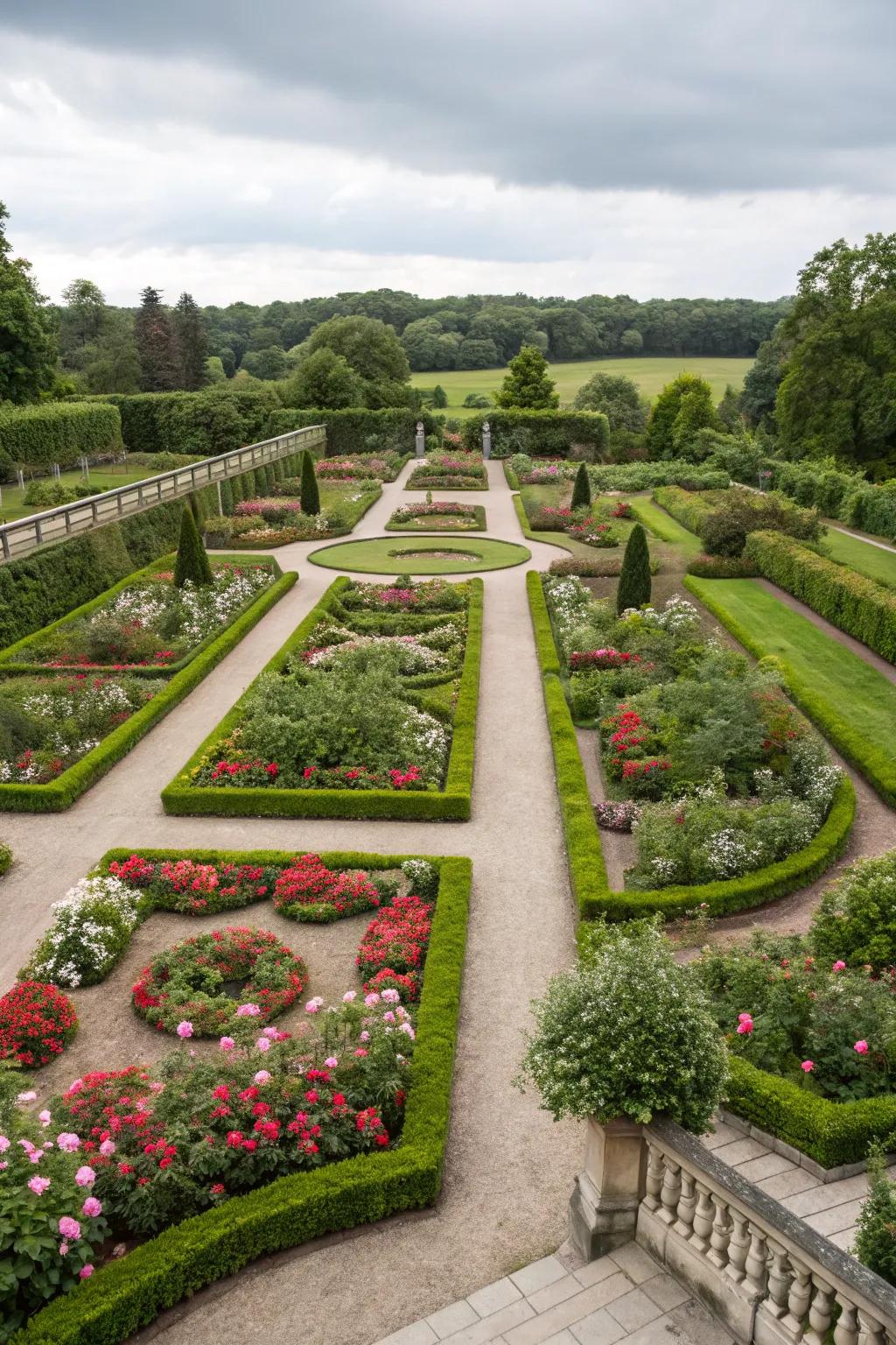 A garden showcasing a symmetrical design with harmonious plant arrangements.