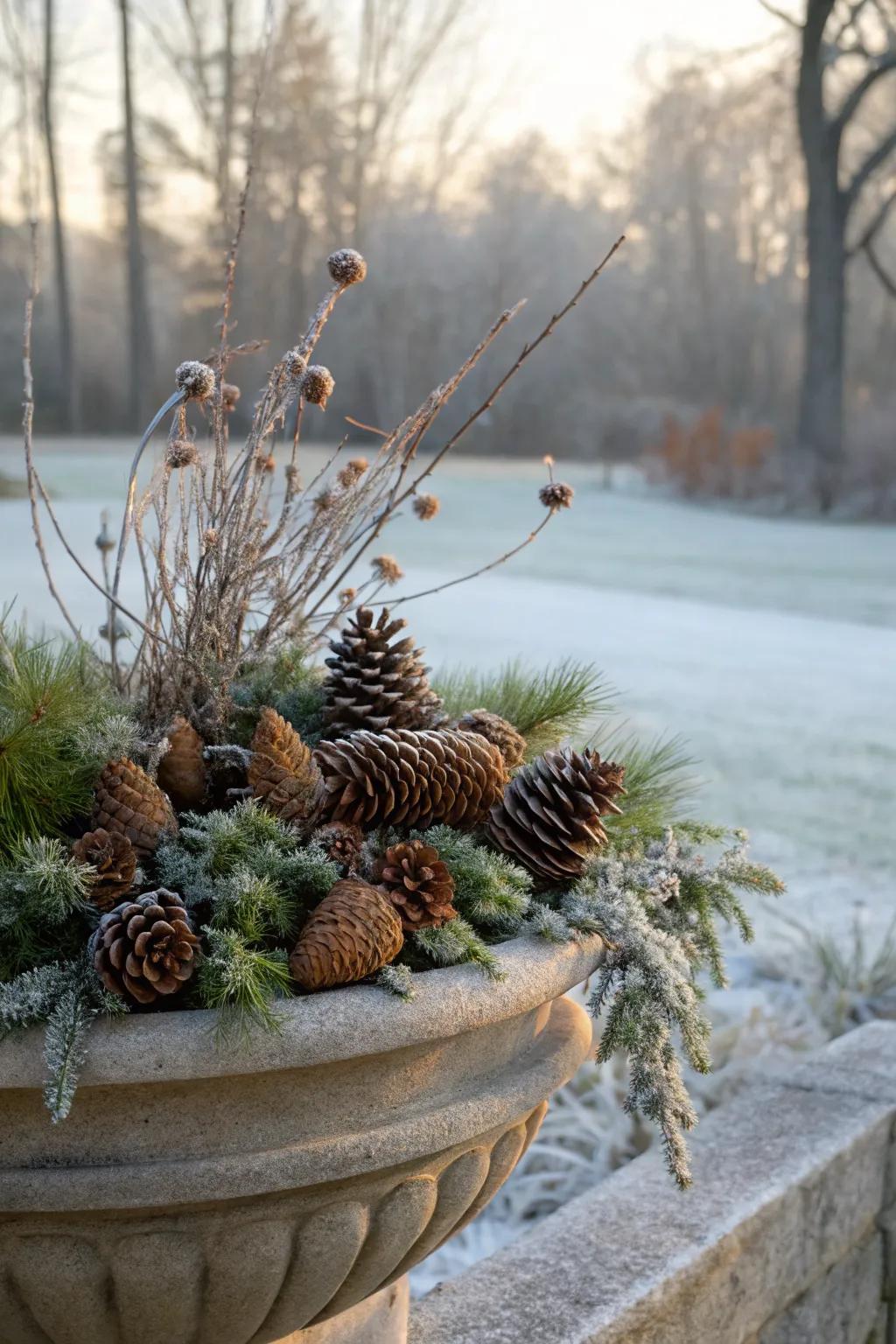 Natural elements like pinecones add texture and charm.