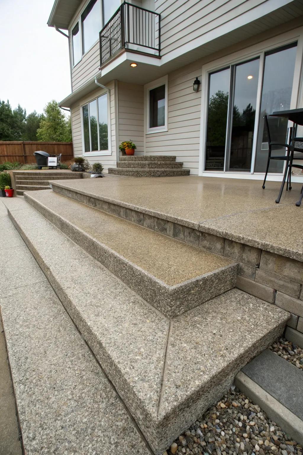 A dynamic multi-level patio design with aggregate.