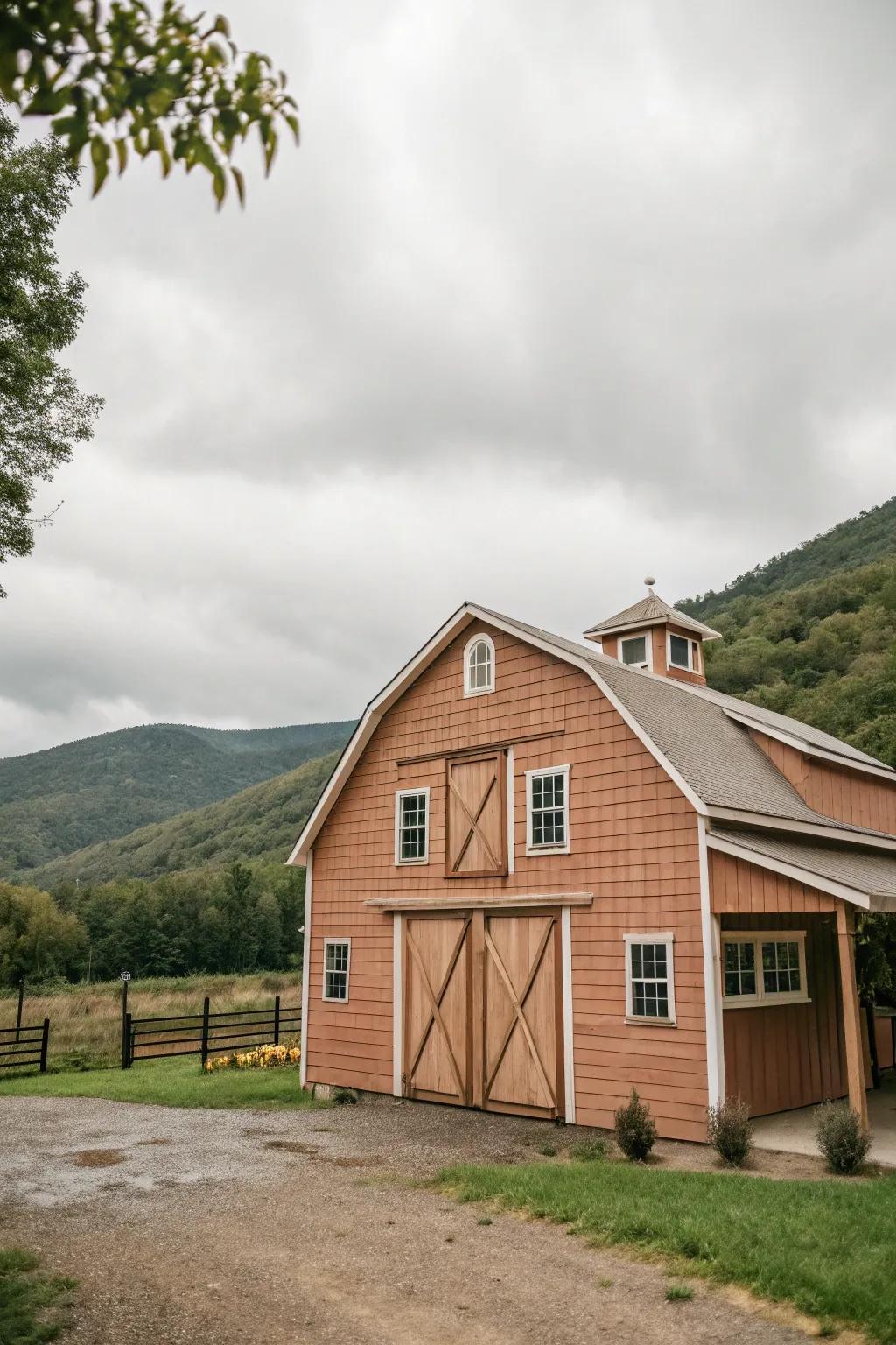 An earthy clay barn that blends harmoniously with its surroundings.