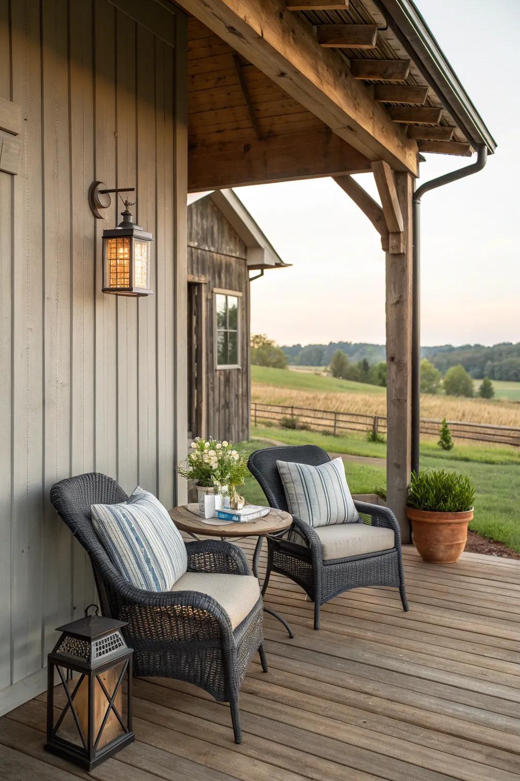 A cozy porch transforms a barn into a social hub.