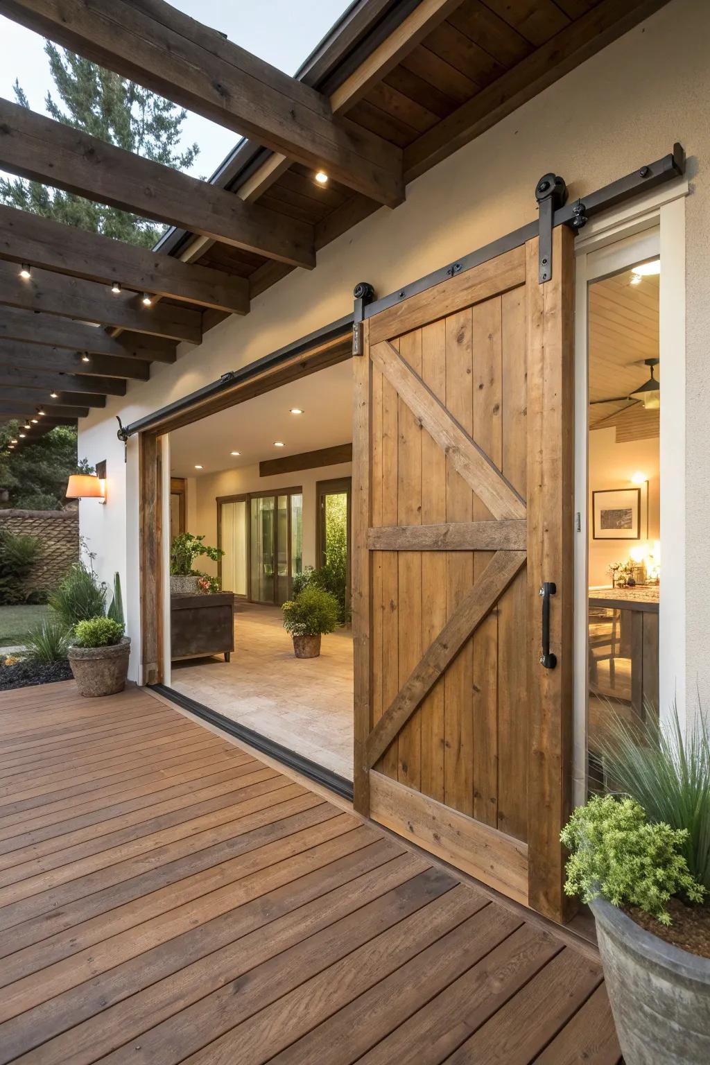 Barn door enhancing flow between patio and indoors