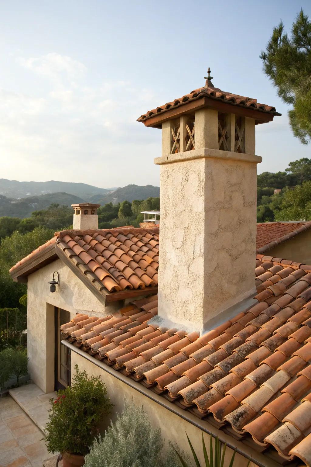 A stucco chimney that enhances the Mediterranean aesthetic of the home.